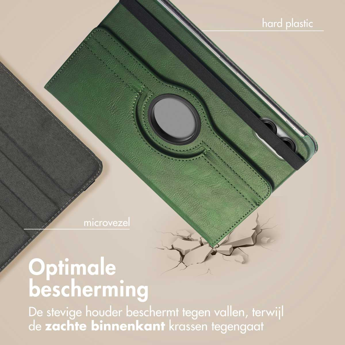 Green tablet case with a rotating ring and hard plastic. Microfiber inside. Broken ground effect.