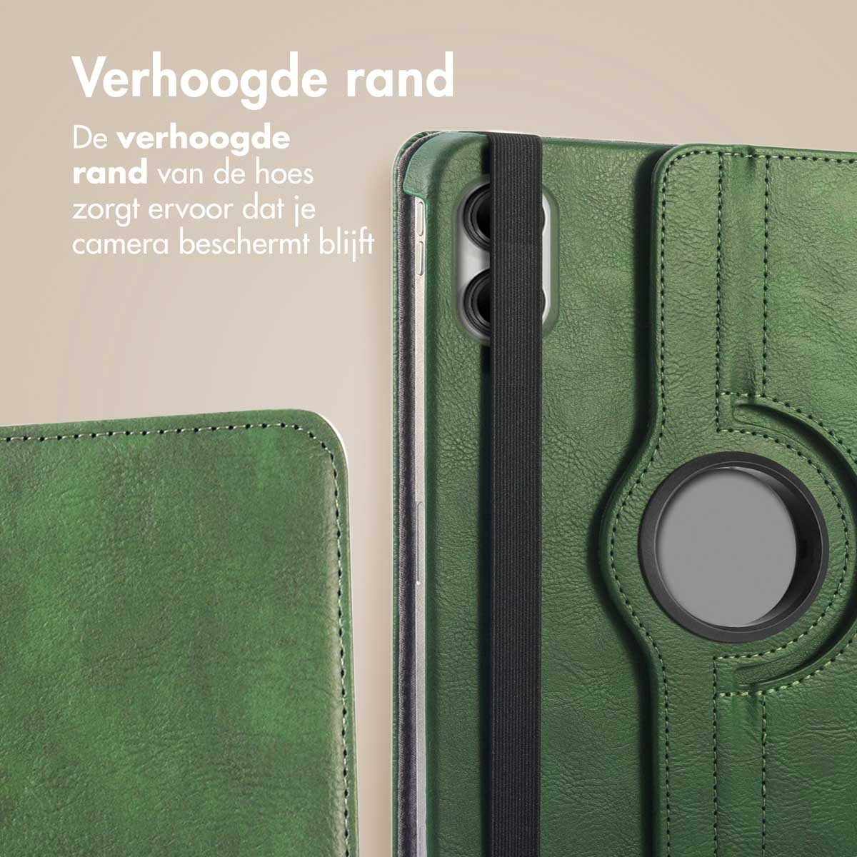 A green tablet case with a black strap. The case has a rotating ring. The case is green.