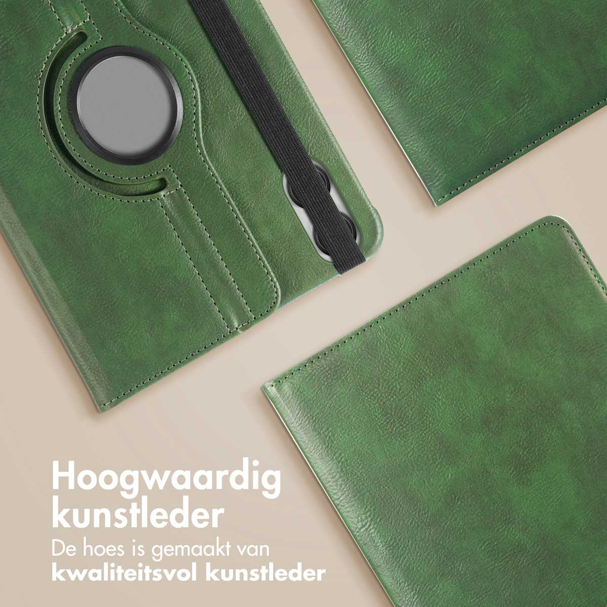 Green tablet case detail, close up. Made of high-quality artificial leather.