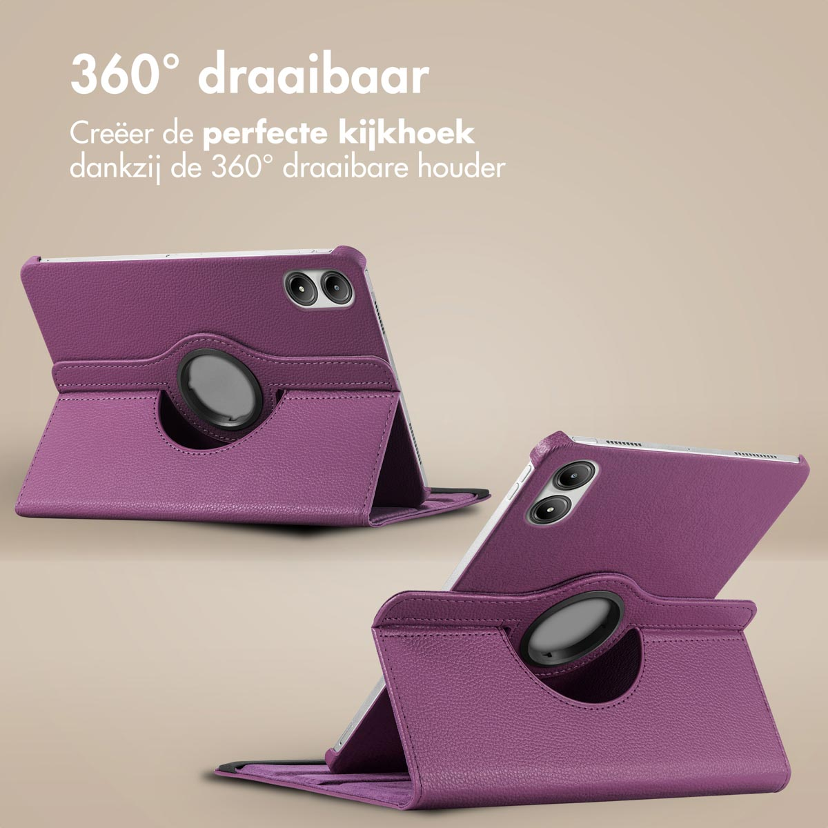 Twee paarse tablethoezen worden in verschillende hoeken weergegeven, met de tekst "360° draaibaar".