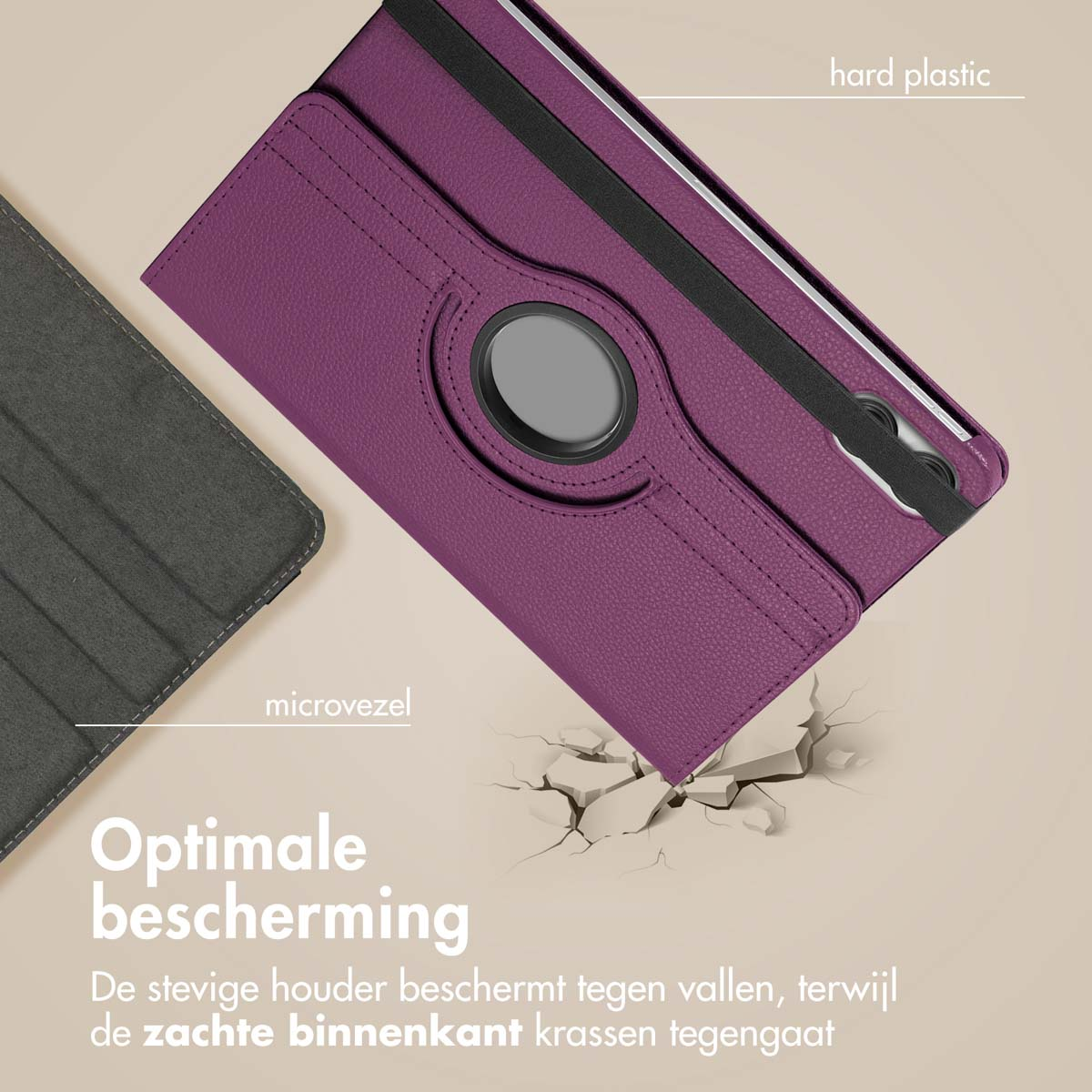 Tablethoes met een paarse hoes en een microvezel interieur. De hoes breekt een oppervlak. Labels zijn zichtbaar.