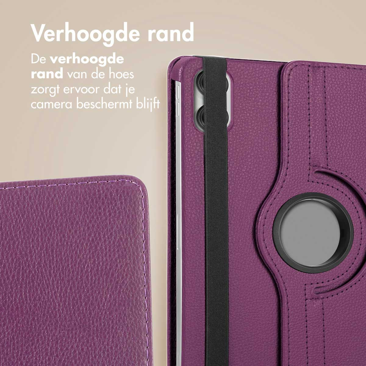 Een paarse tablethoes met een verhoogde rand om de camera te beschermen.