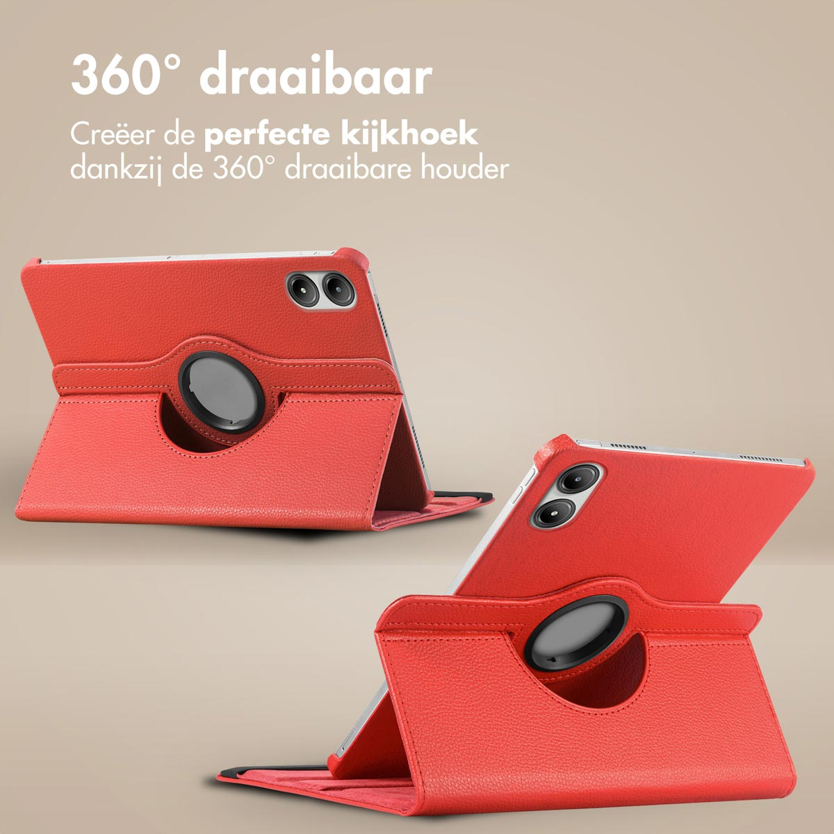 Red tablet case with a rotating ring. The tablet is in different positions. Beige background.