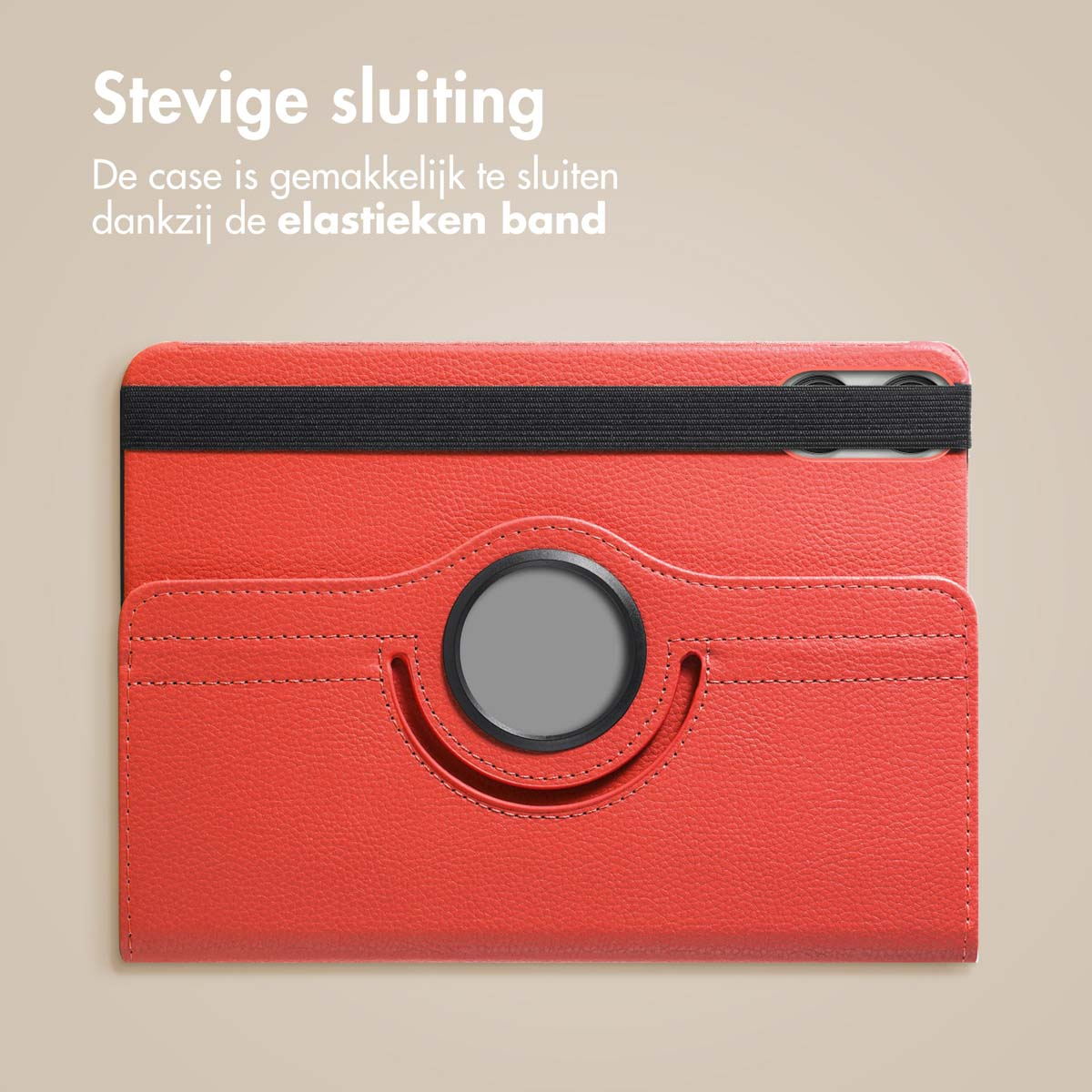 Red tablet case closed. The case has an elastic band closure.