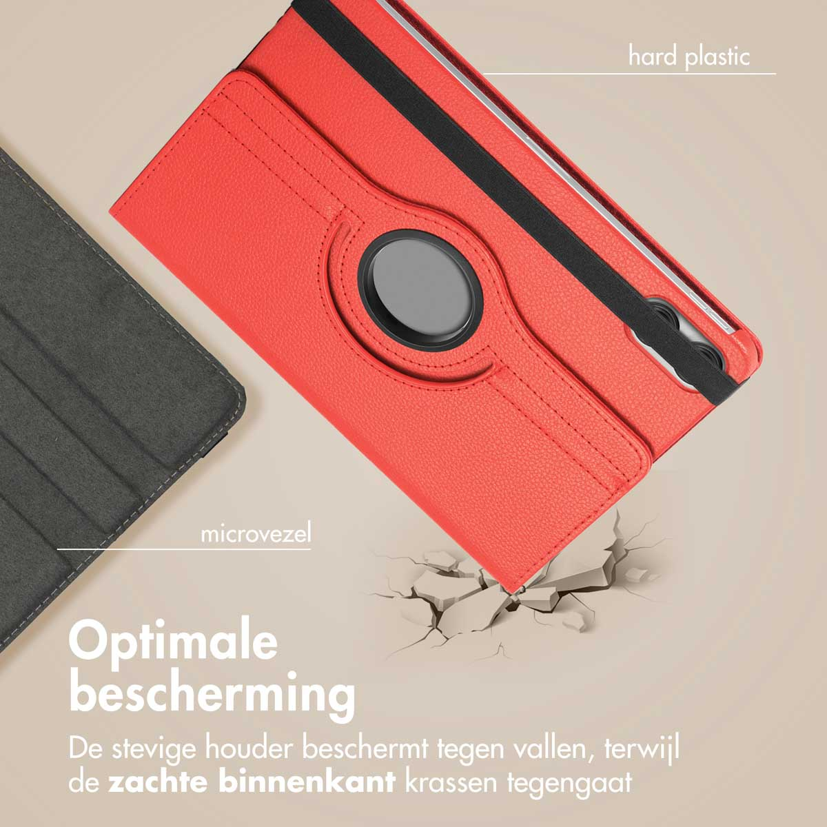 Red tablet case with a black band, and text about protection, hard plastic and microfibre.