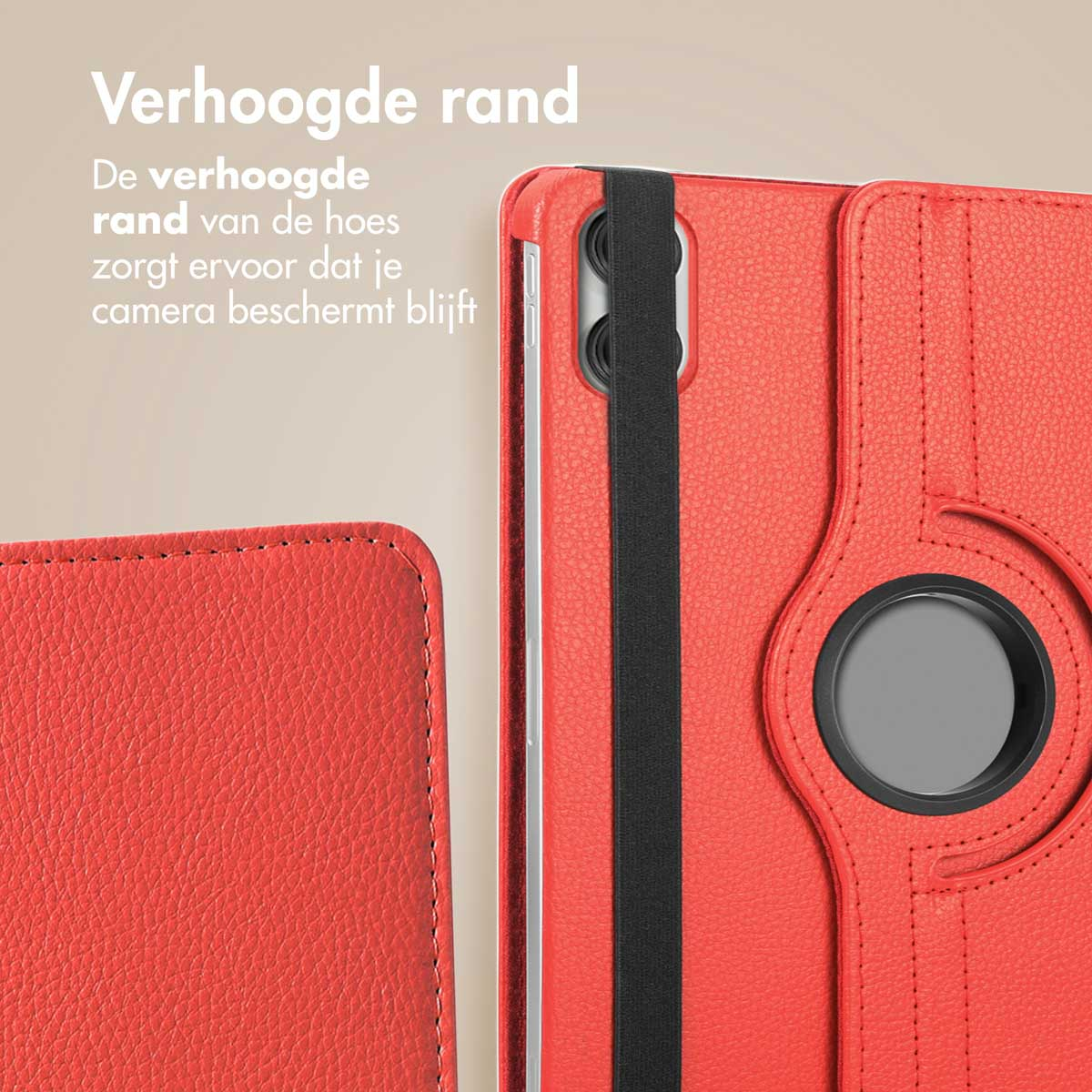 Red tablet case, corner detail. Black elastic band. Beige background.