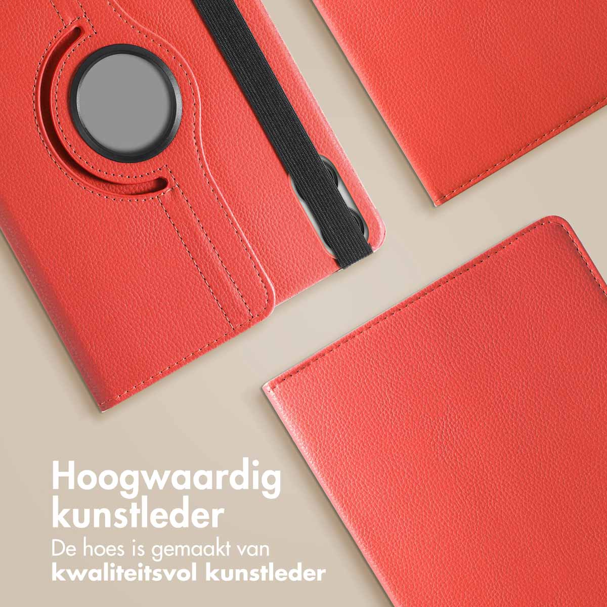 Red tablet case with three parts visible. Text: 'High-quality artificial leather'.