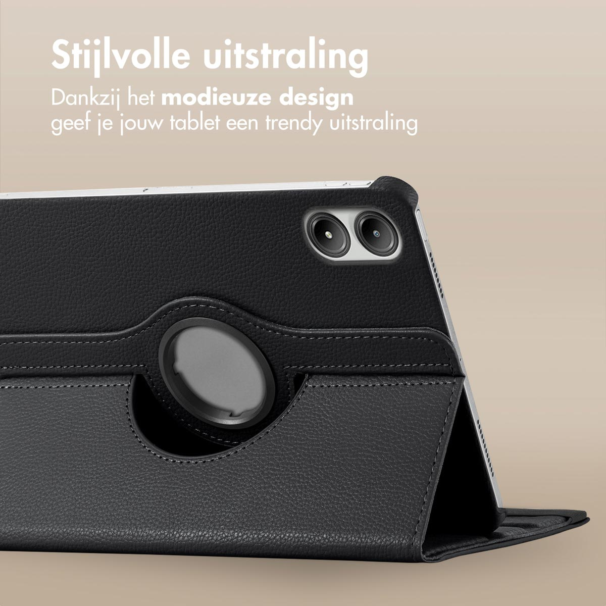 Black tablet case with a stylish design. The tablet is in the case.