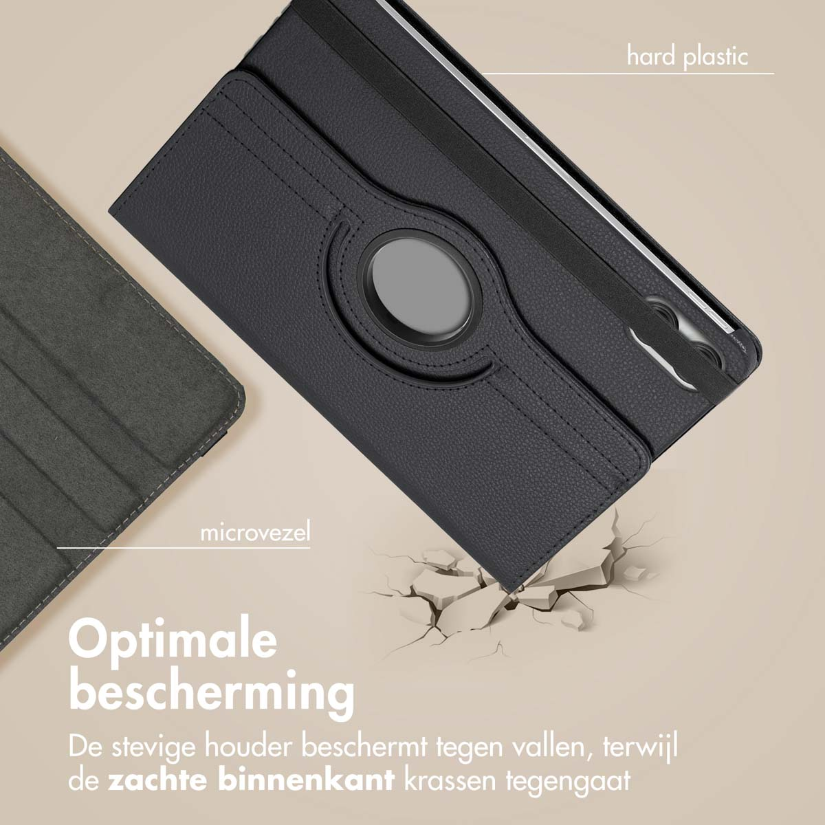 Tablet in a case, with text. Case has hard plastic and microfiber components. The tablet is in.