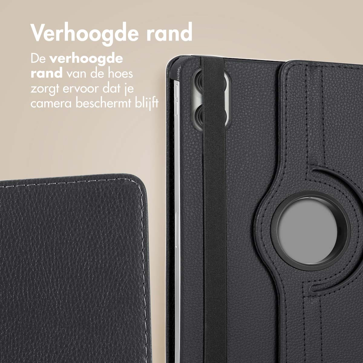 Black tablet case, corner detail. Black elastic band. Beige background.