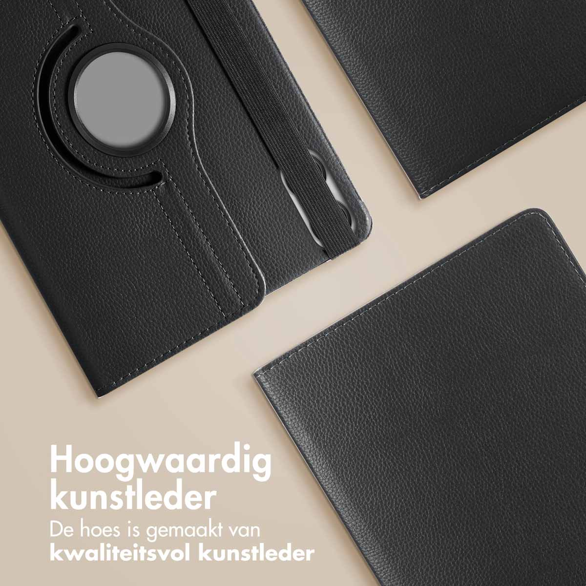 Black leather tablet case with a rotating ring holder. Several pieces visible. The background is tan.