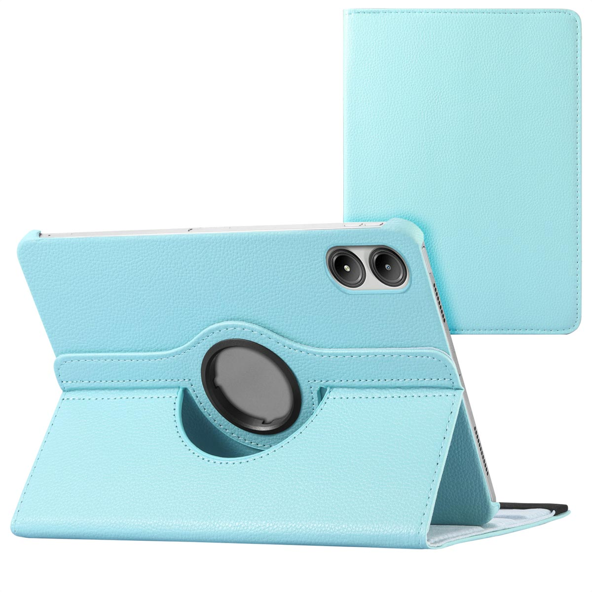 Light blue tablet case open and closed, showing a ring for rotation.