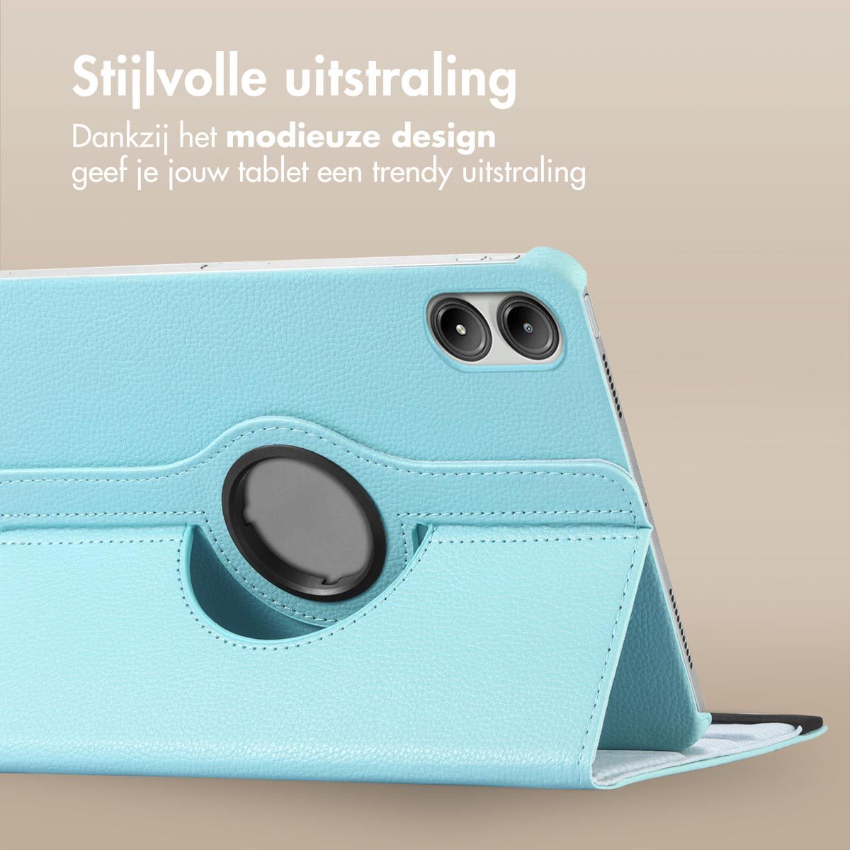 A light blue tablet case is open, revealing the tablet. It has a ring holder. The background is tan.