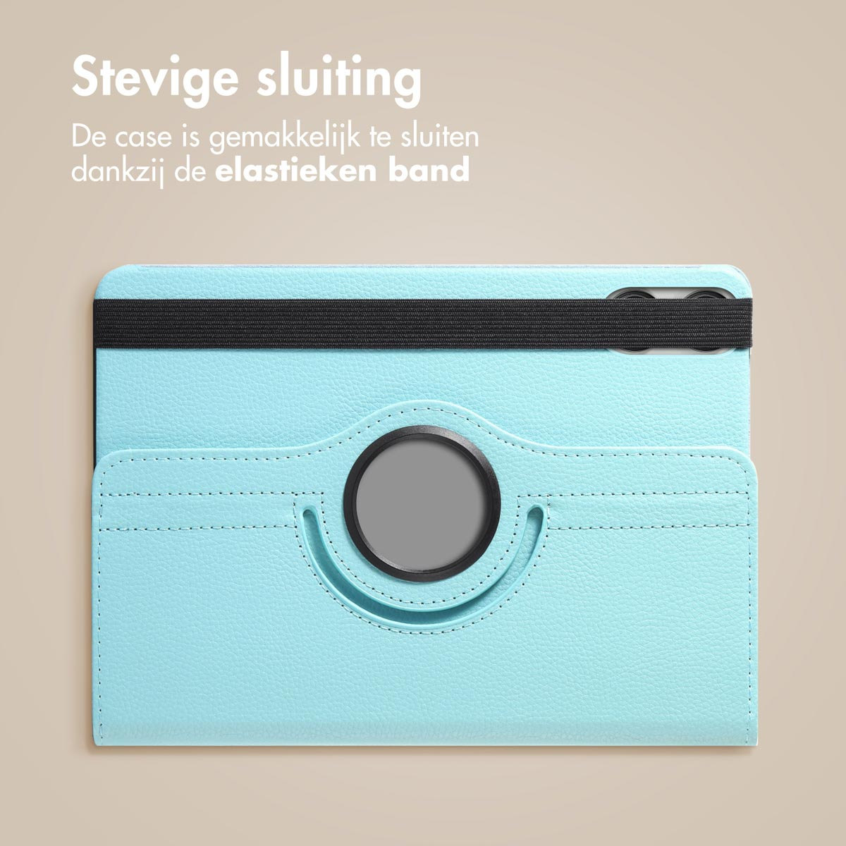 Blue tablet case with elastic band closure. Top text says 'Secure Closure'.