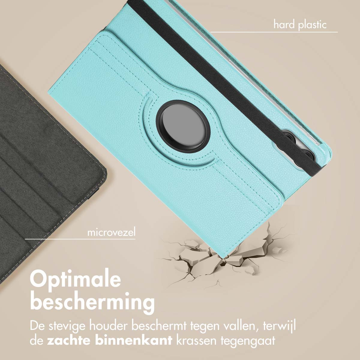 Blue tablet case with a tablet inside, angled and open.
