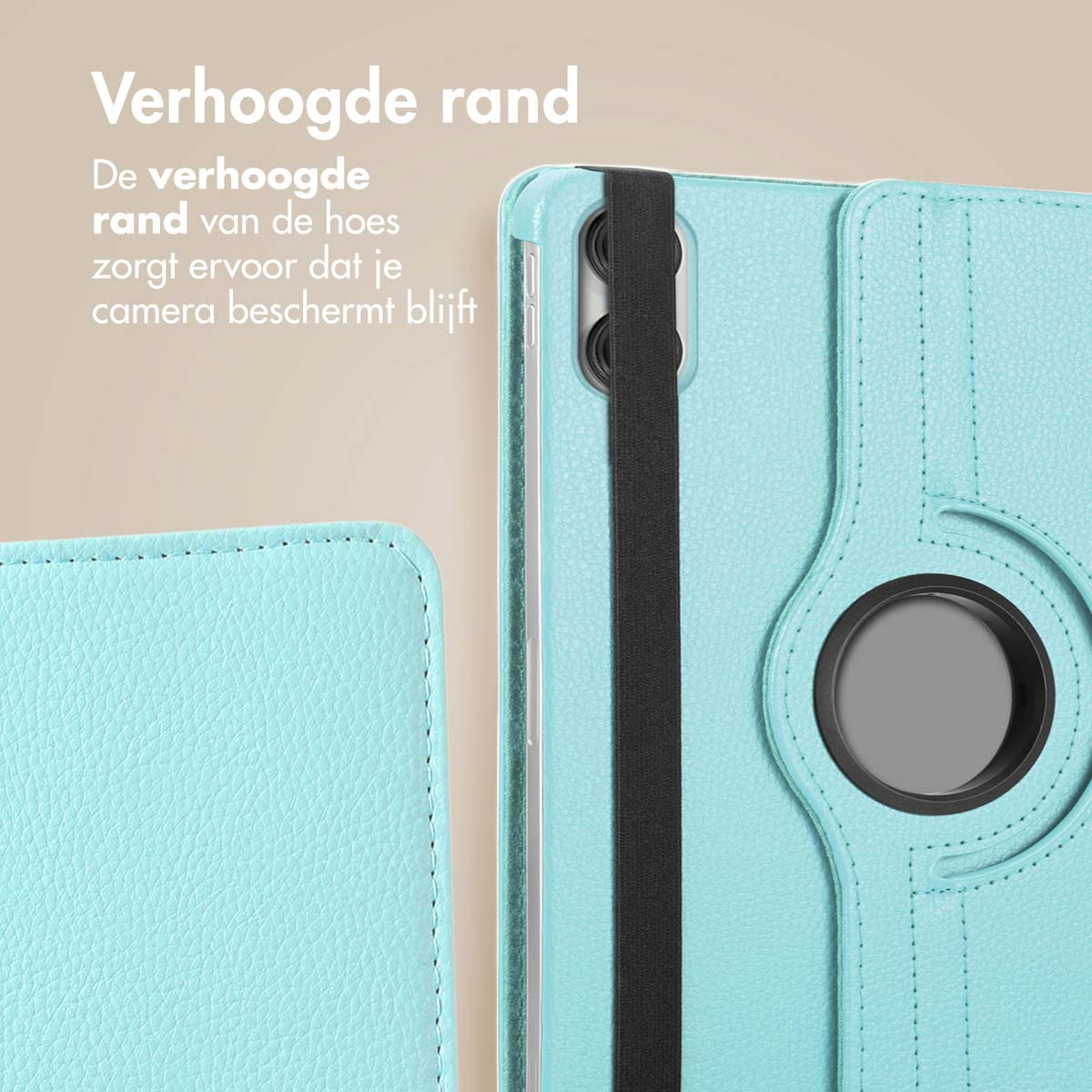 Light blue tablet case with a black strap. The case has a rotating ring.