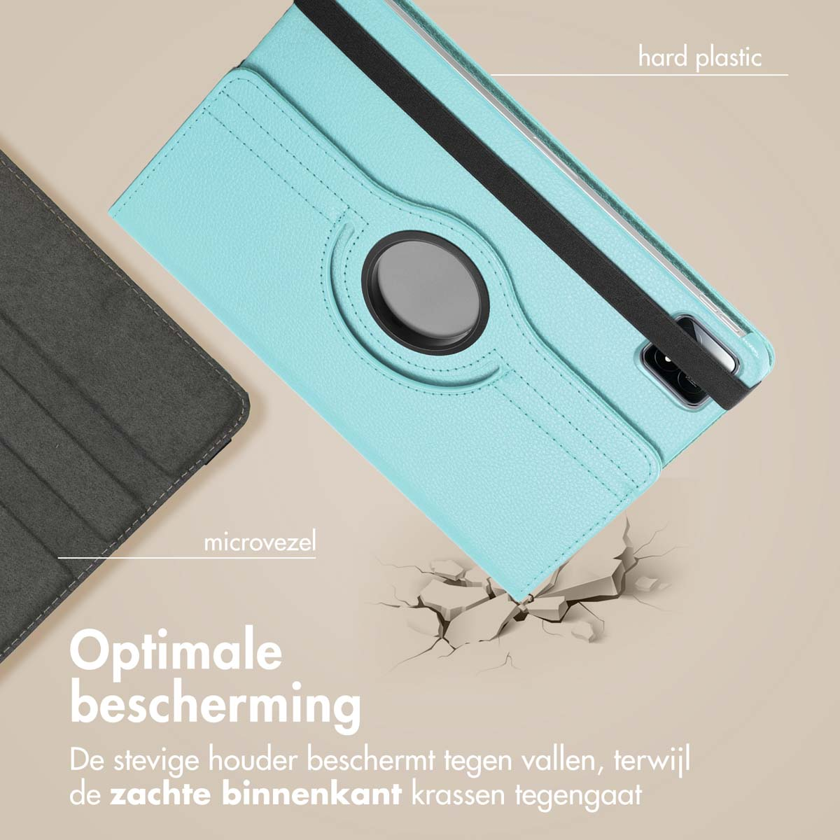 Aqua tablethoes detail. Voorzien van hard plastic en zachte microvezel. Tablet breekt grond.
