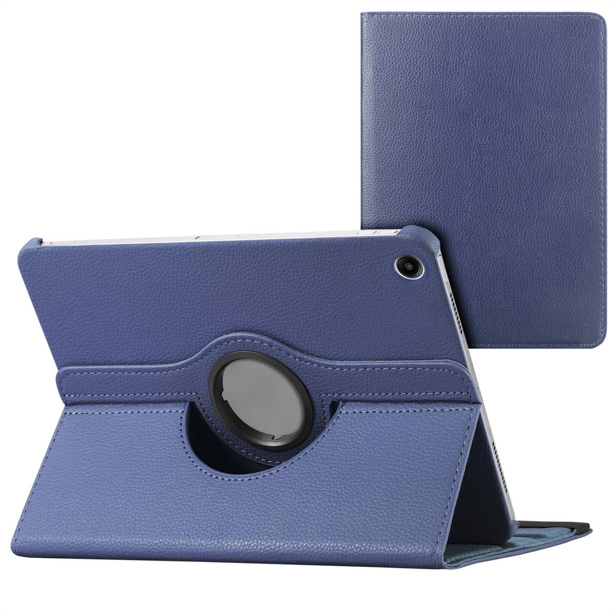 Blue tablet case open, with tablet inside and a cover in the background. The background is white.