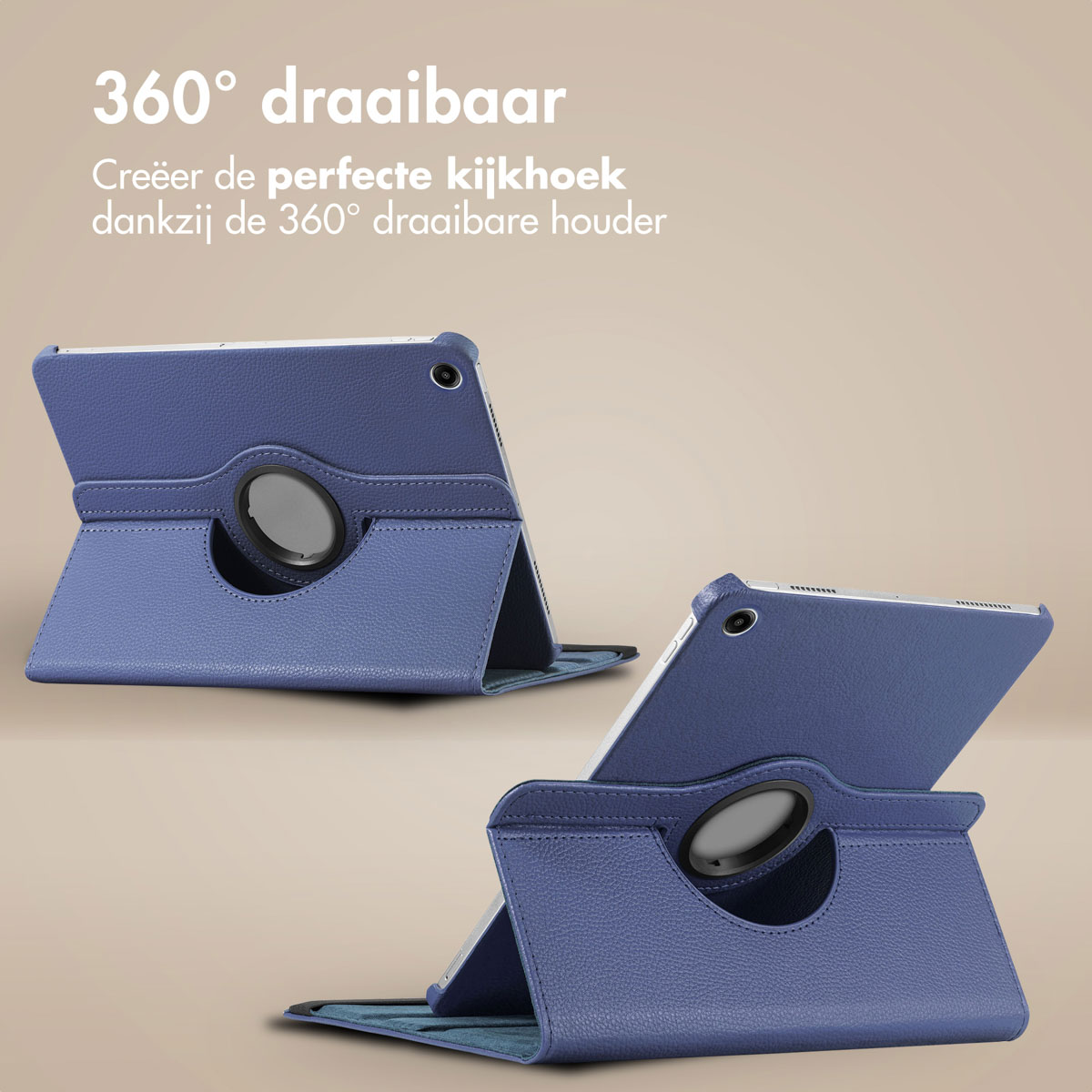 Two navy blue tablet cases, the tablet is visible with a ring holder. The background is tan.