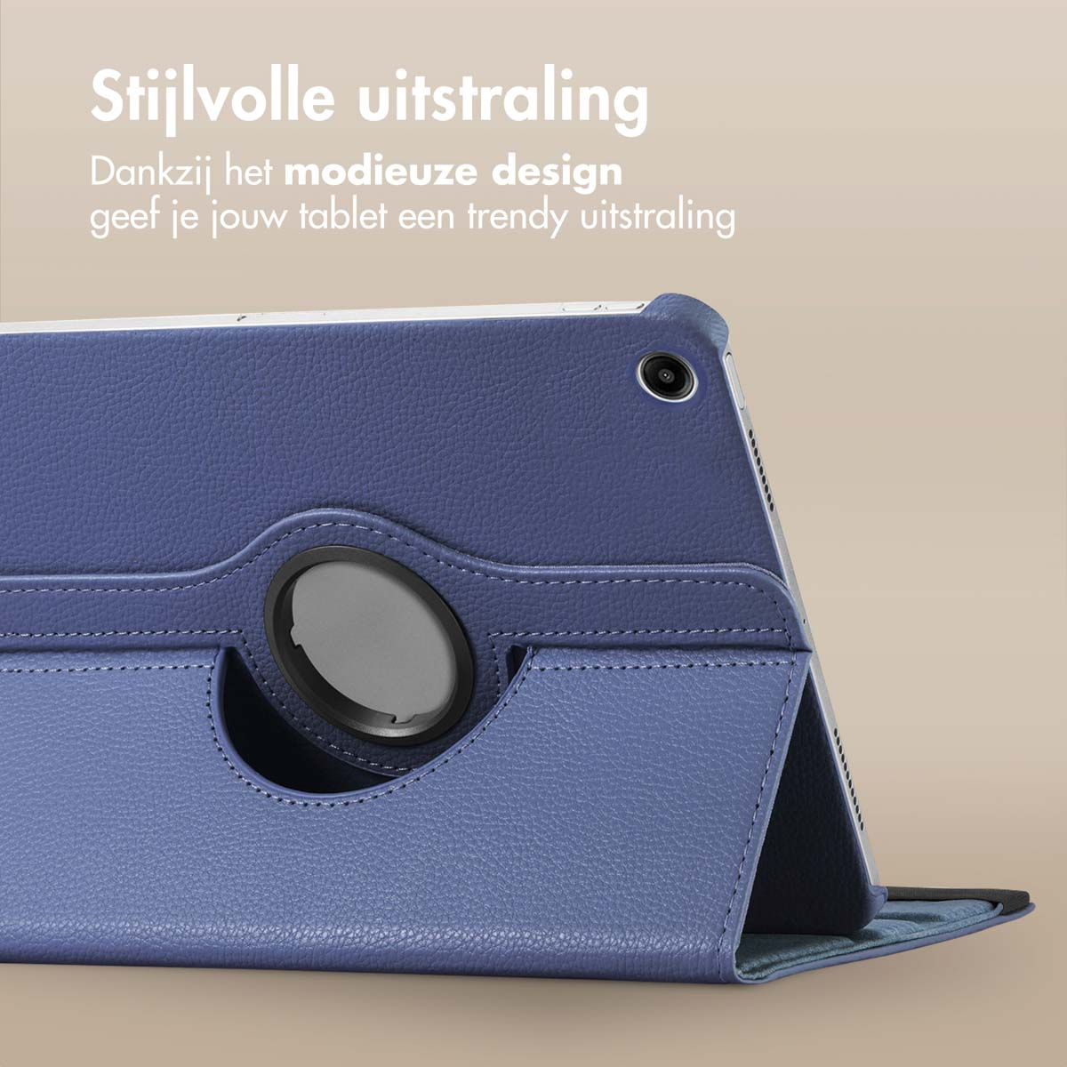 Blue tablet in a case, with a camera. Beige background.