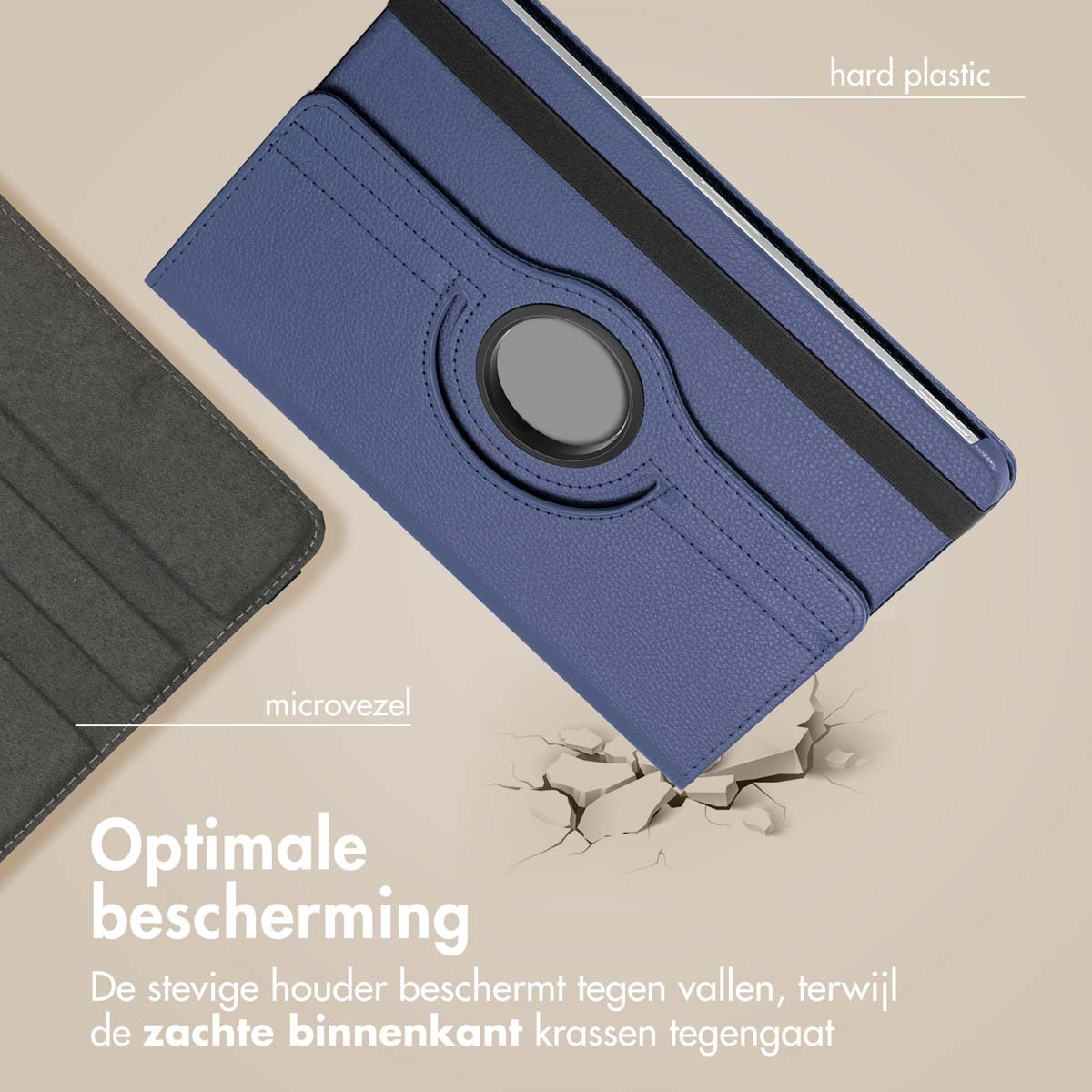 Tablet in a case, with text. Case has hard plastic and microfiber components. The tablet is in.