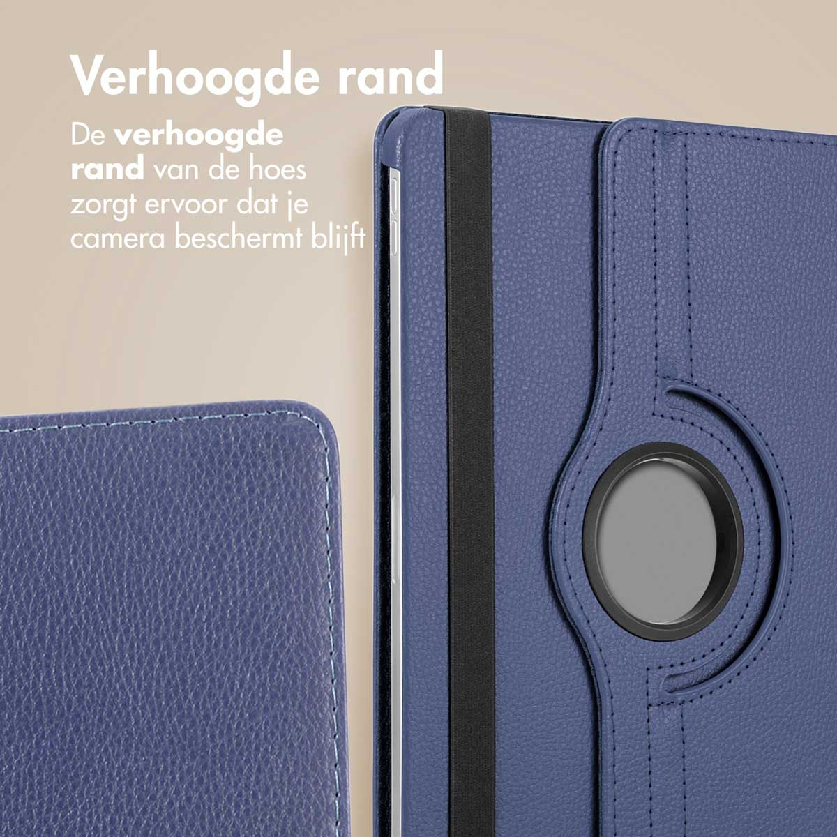 A blue tablet case with a raised edge to protect the camera.