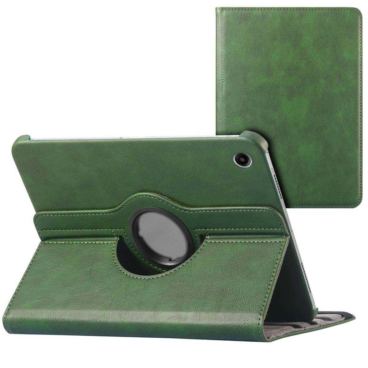 Green tablet case with a tablet inside, open and angled.
