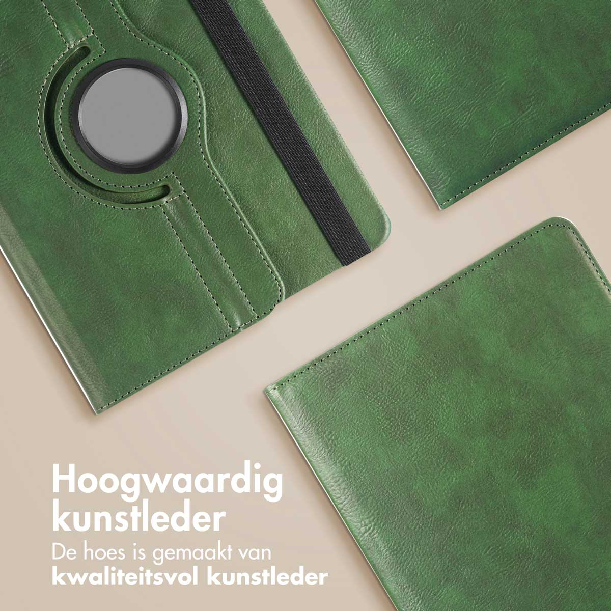 Green leather-like tablet case parts. The text "Hoogwaardig kunstleder" is written.