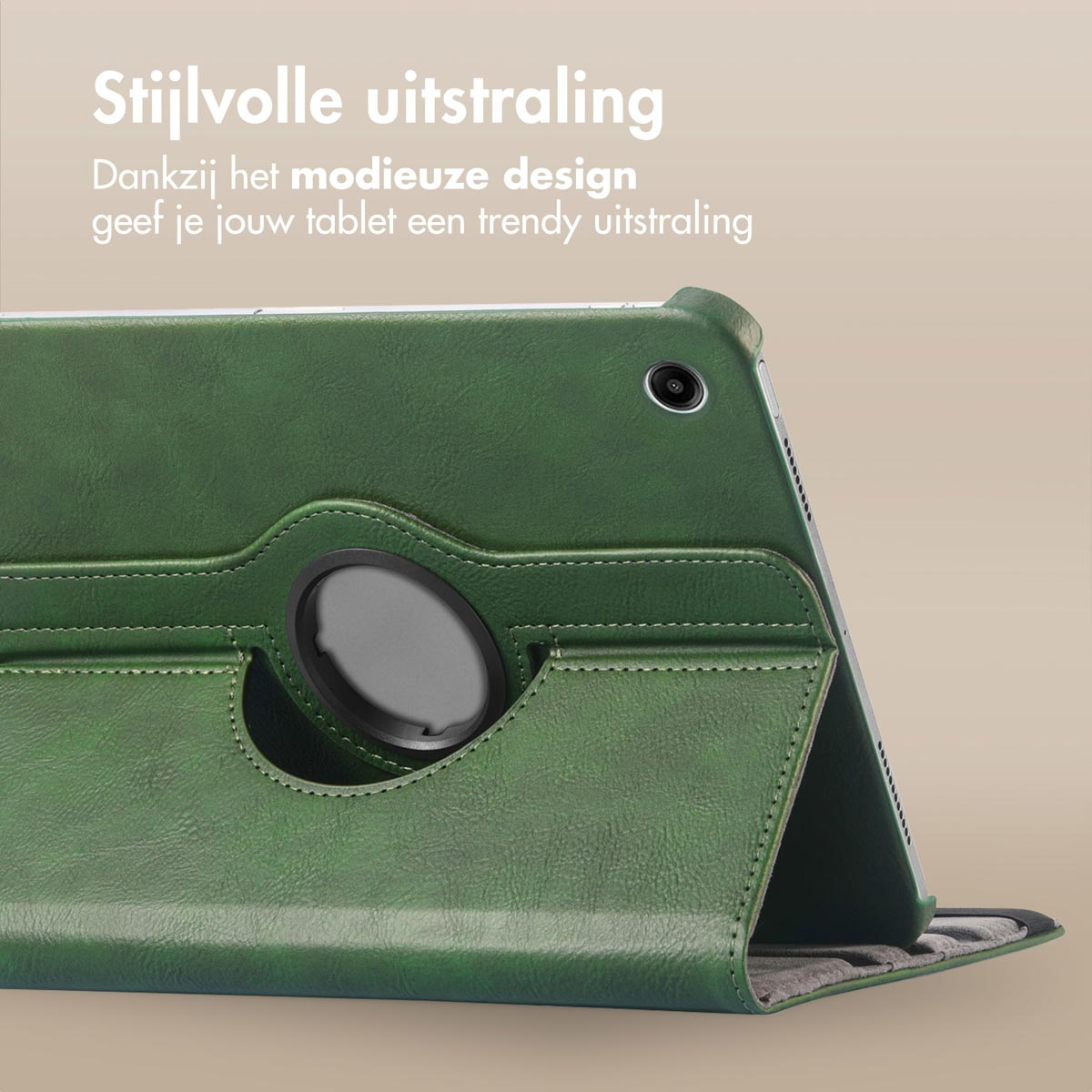 A green tablet case open, revealing the tablet. The background is tan.