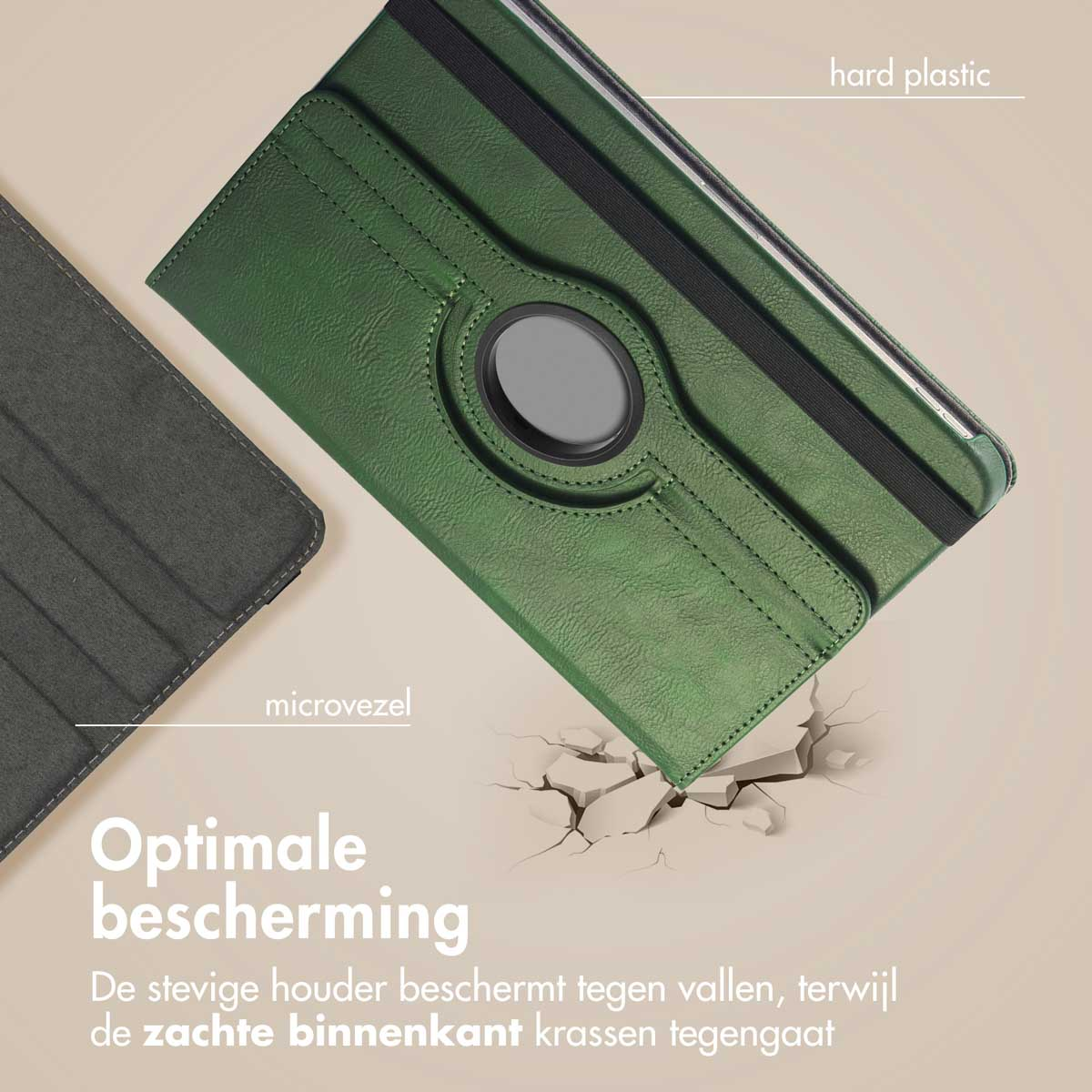Green tablet case, open, with a broken surface beneath it, highlighting protection.