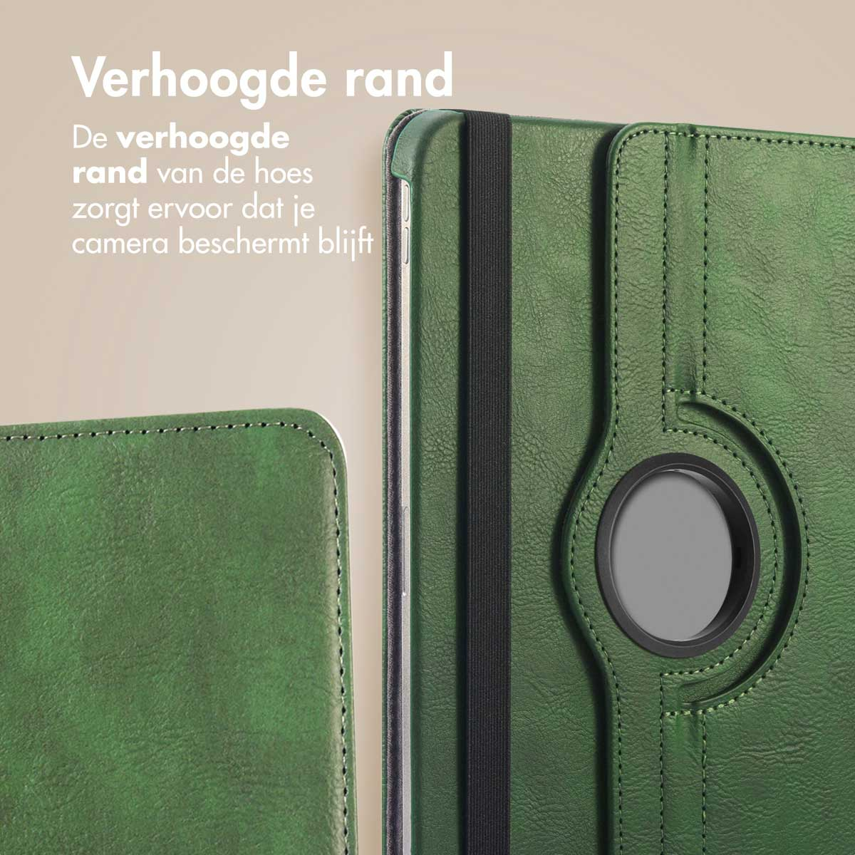 Green tablet case with a black strap. The case has a rotating ring.