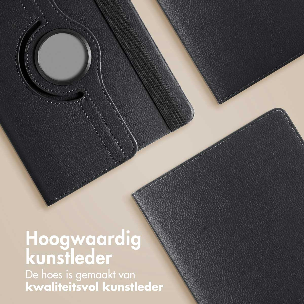Black leather tablet case components.  Top text says 'High-quality synthetic leather'.