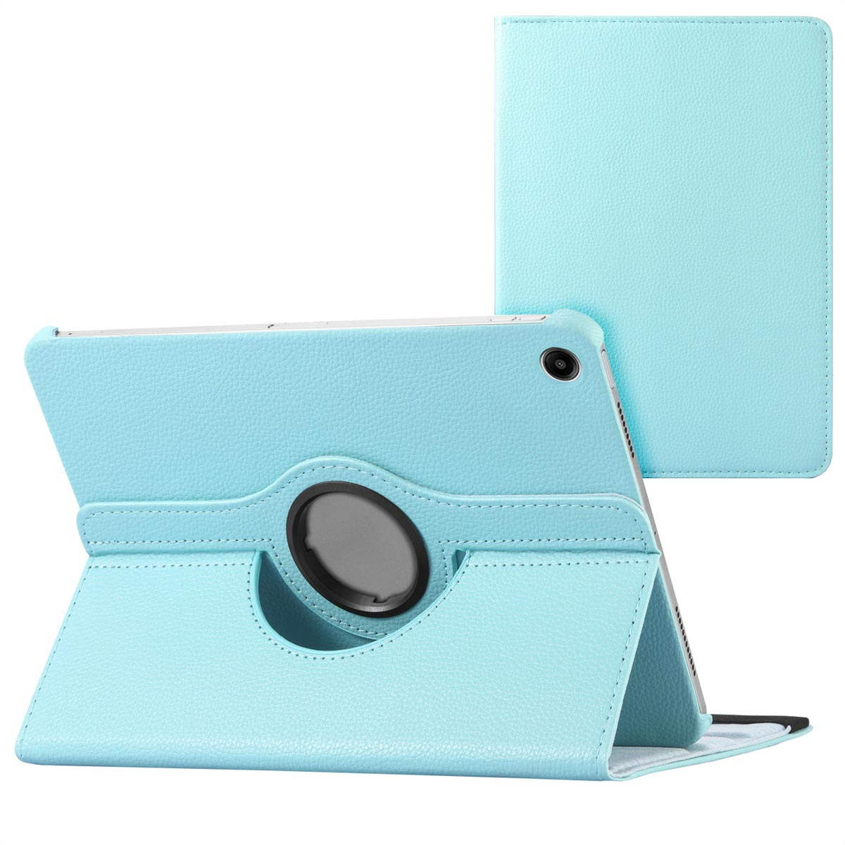 Light blue tablet case with a tablet inside. Case can rotate. A second case is visible.