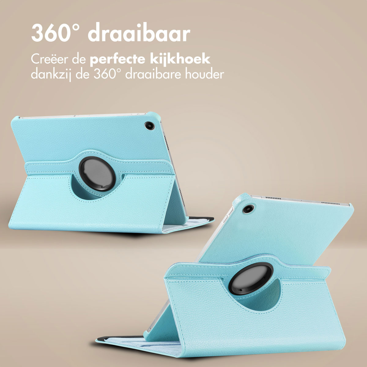 Light blue tablet case, a tablet in the case. Beige background.