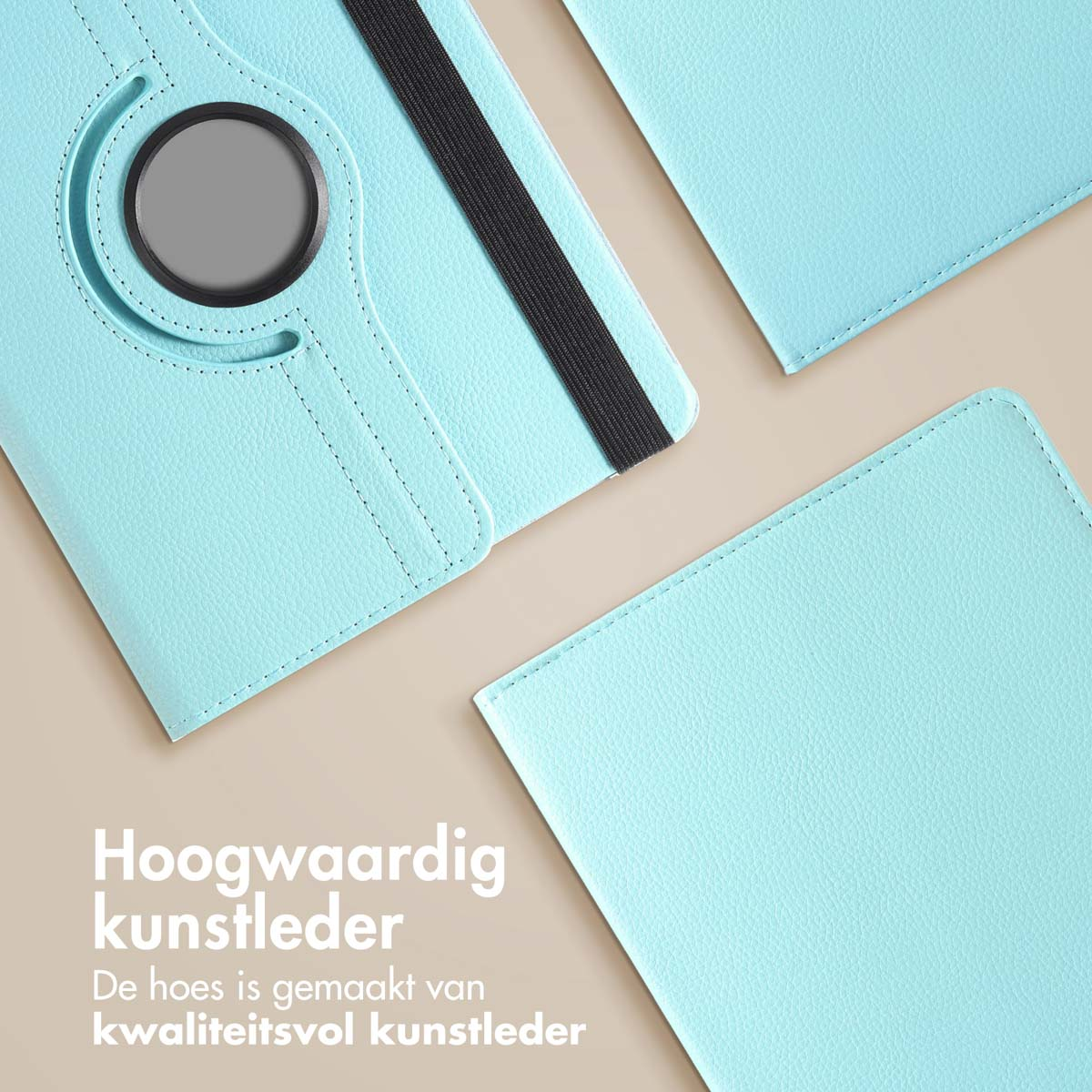 Blue leather tablet case components. Top text says 'High-quality synthetic leather'.