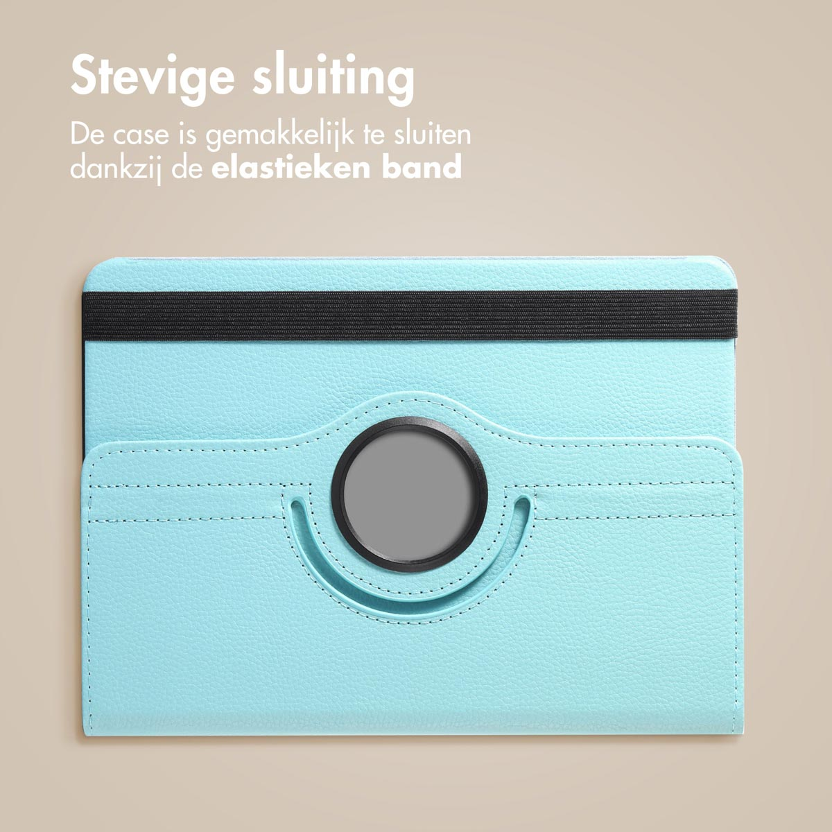 A light blue tablet case with an elastic band closure.