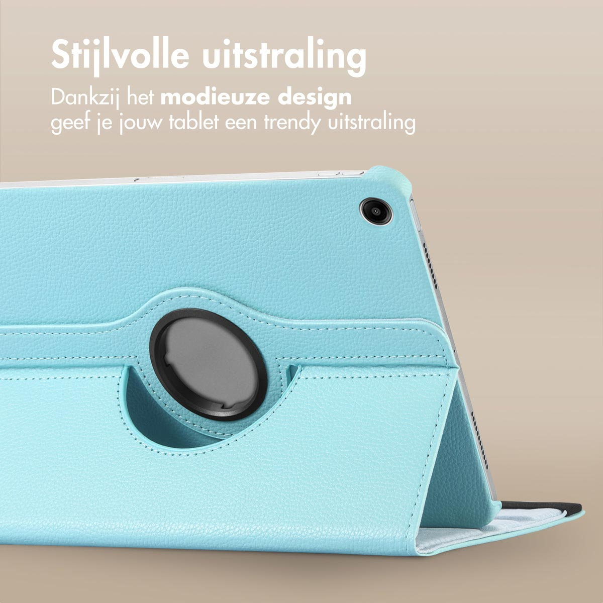 Blue tablet case with a tablet inside, angled view.