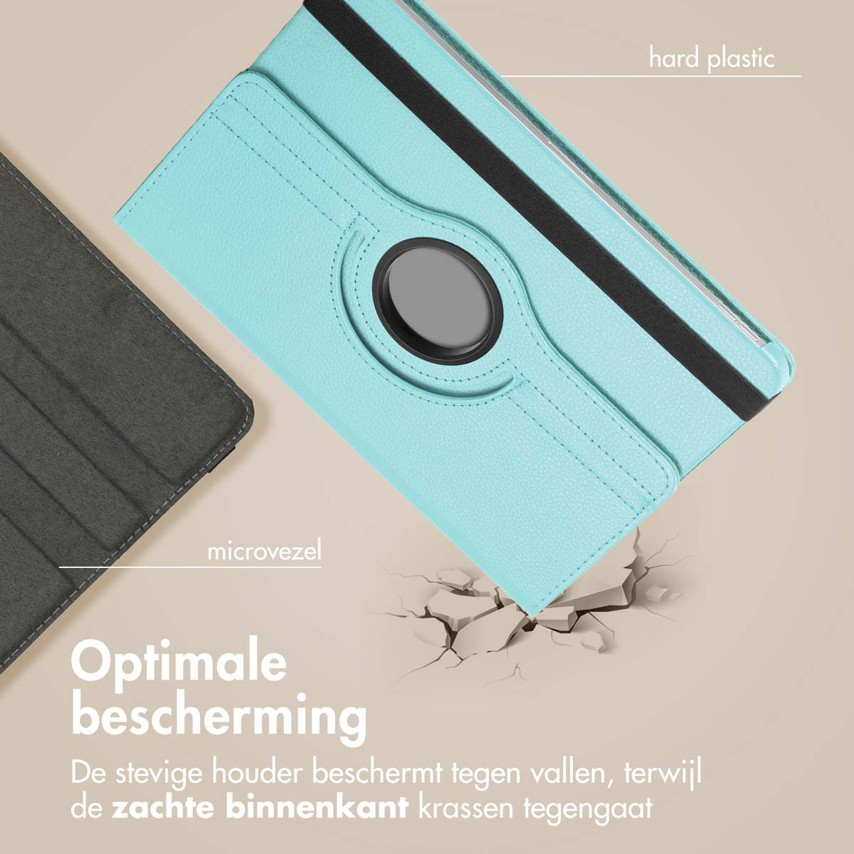 Teal tablet case with a black band, and text about protection, hard plastic and microfibre.