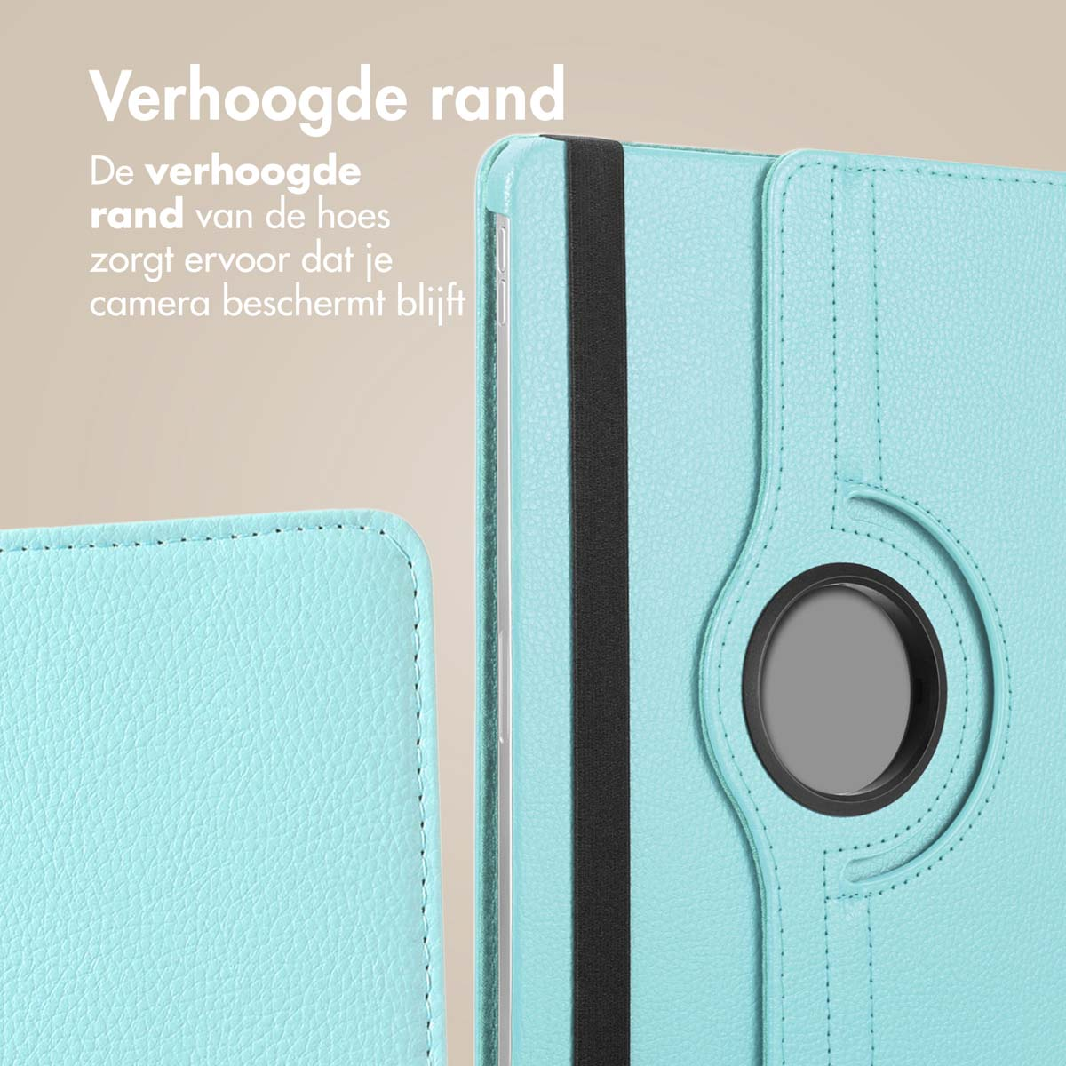 Light blue tablet case with a black band and text about the raised edge.