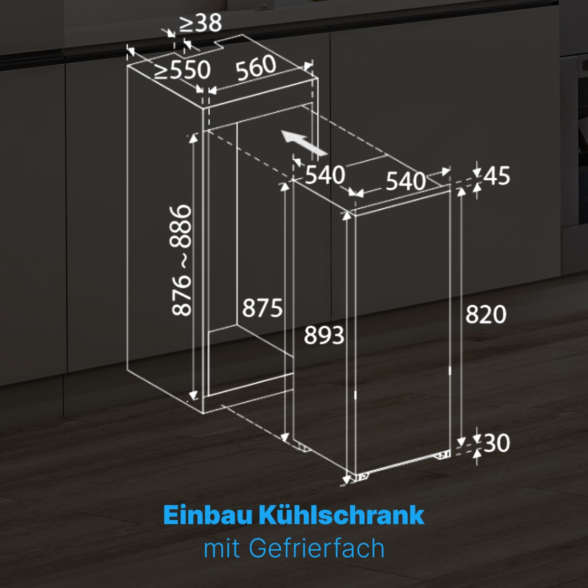 Diagramm eines Einbaukühlschranks mit Abmessungen und Maßen in einer Küchenumgebung.