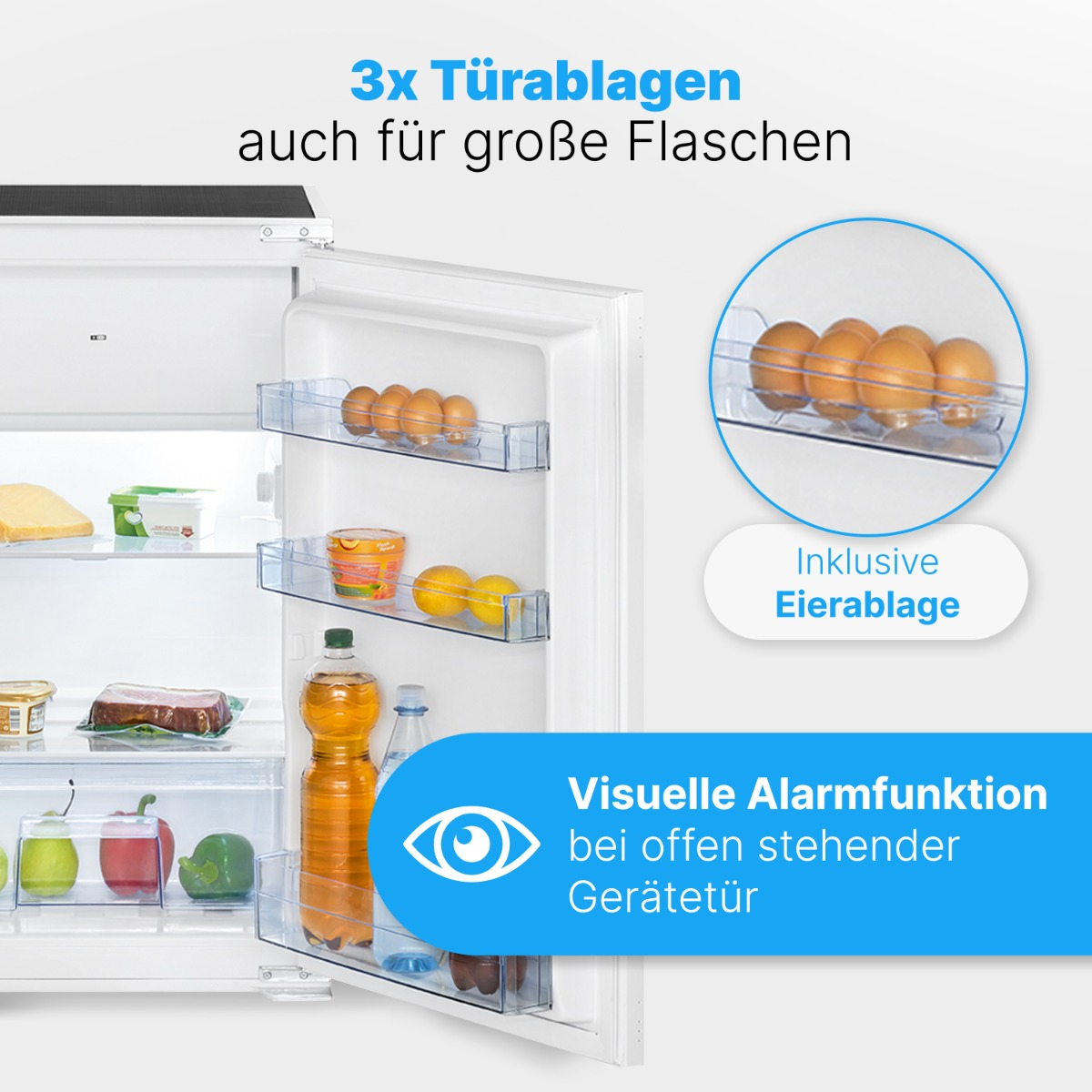 Kühlschrankinnenraum geöffnet mit Regalen, Eiern, Obst und Gemüse. Blauer Text: Visueller Alarm.