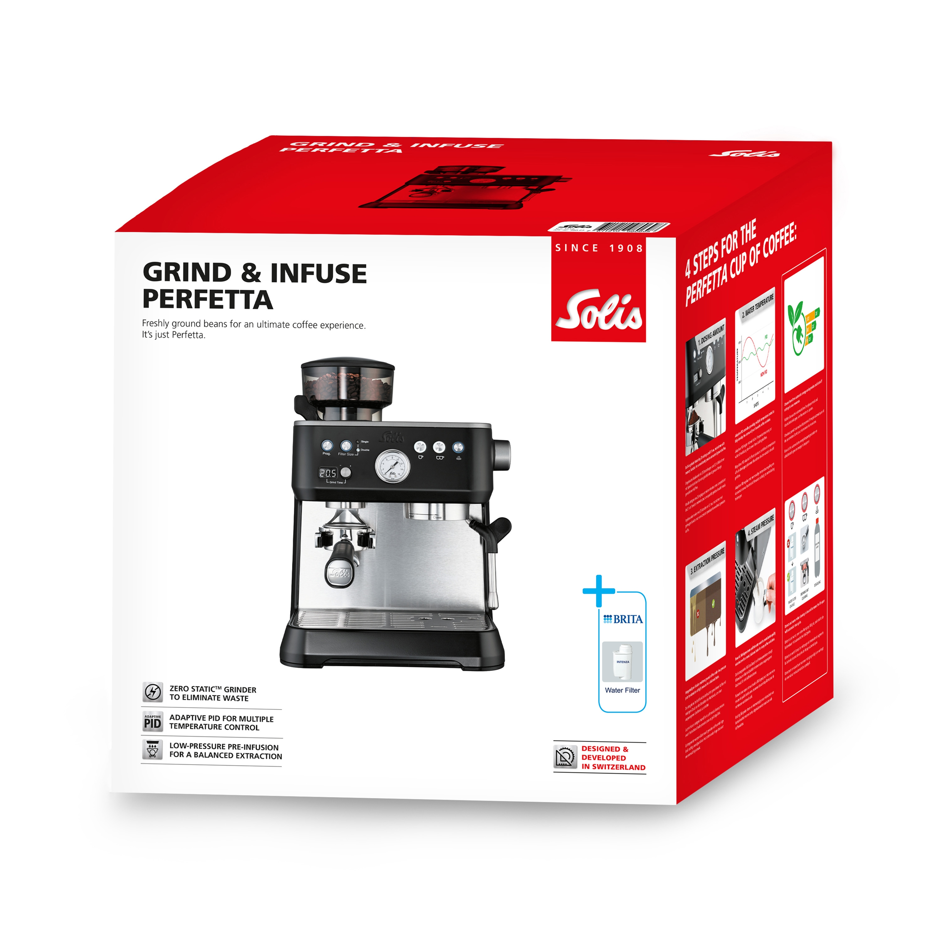 Solis Perfetta Kaffeemaschine mit integriertem Mahlwerk auf rotem Karton.