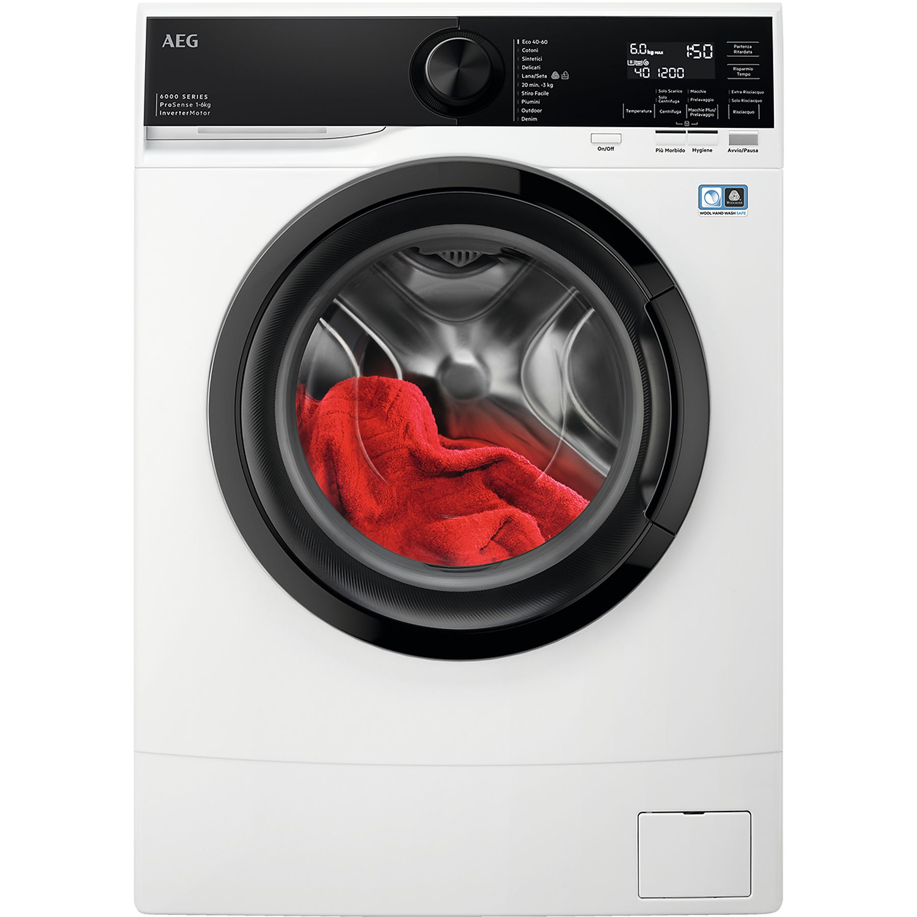 Lavatrice AEG bianca con asciugamano rosso all'interno, vista frontale.