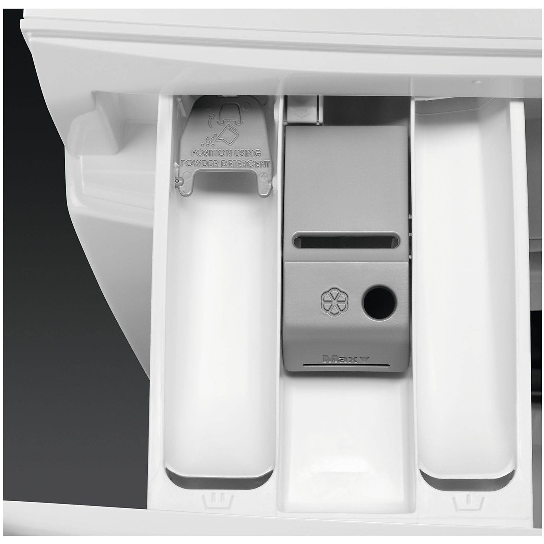 Primo piano del dispenser del detersivo di una lavatrice con tre scomparti.