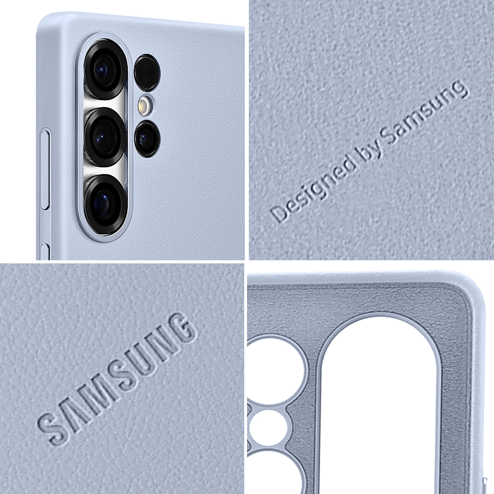 Zbliżenie jasnoniebieskiego etui na telefon z marką Samsung i wycięciami na aparat.