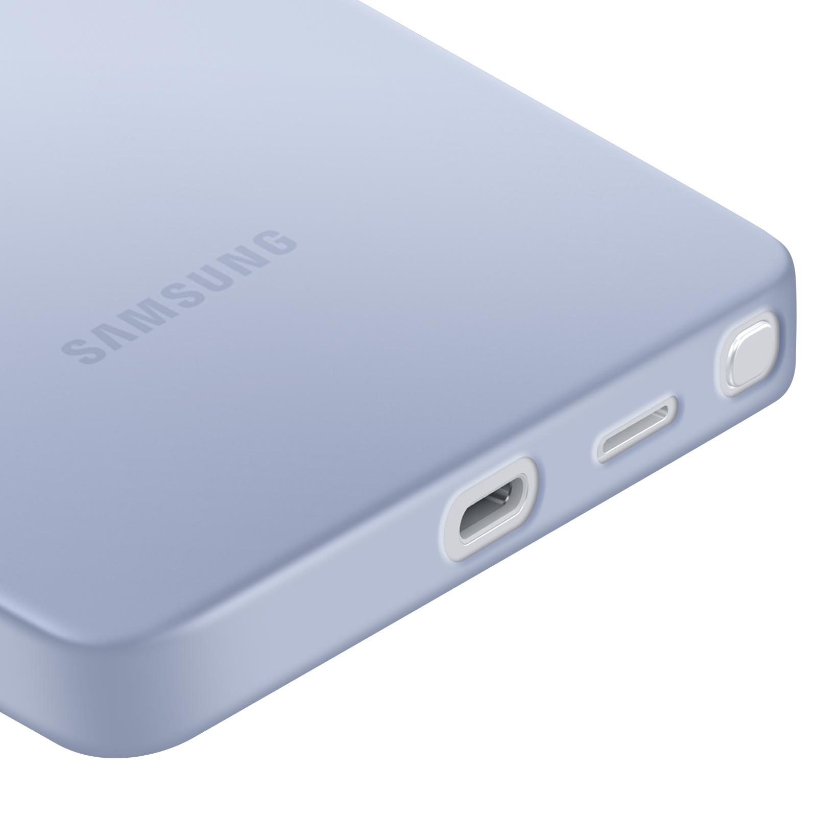 Gros plan d'une coque de téléphone bleu clair avec le logo 'SAMSUNG'.