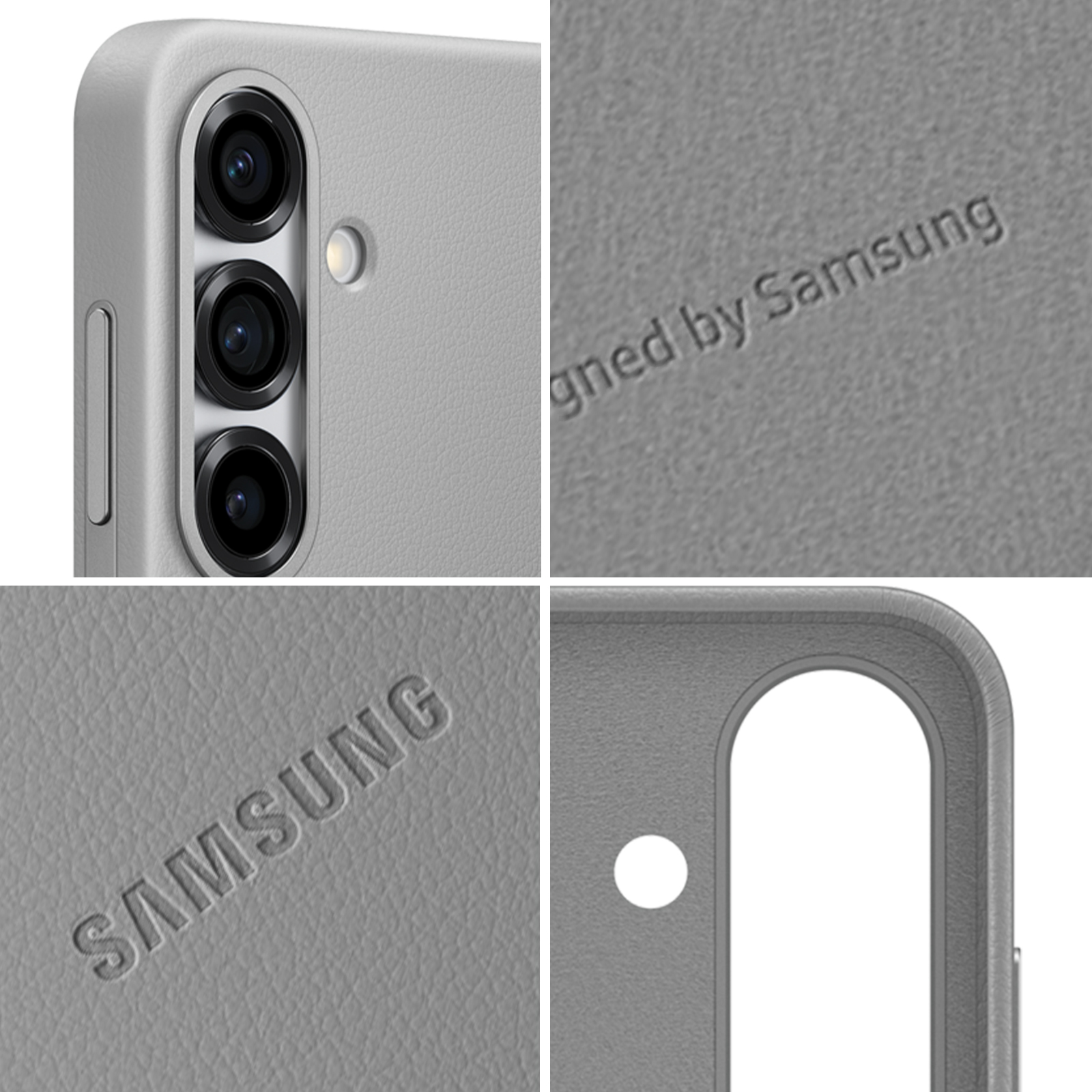 Zbliżenie szarego etui na telefon z trzema obiektywami aparatu i logo Samsung, pokazujące szczegóły projektu.