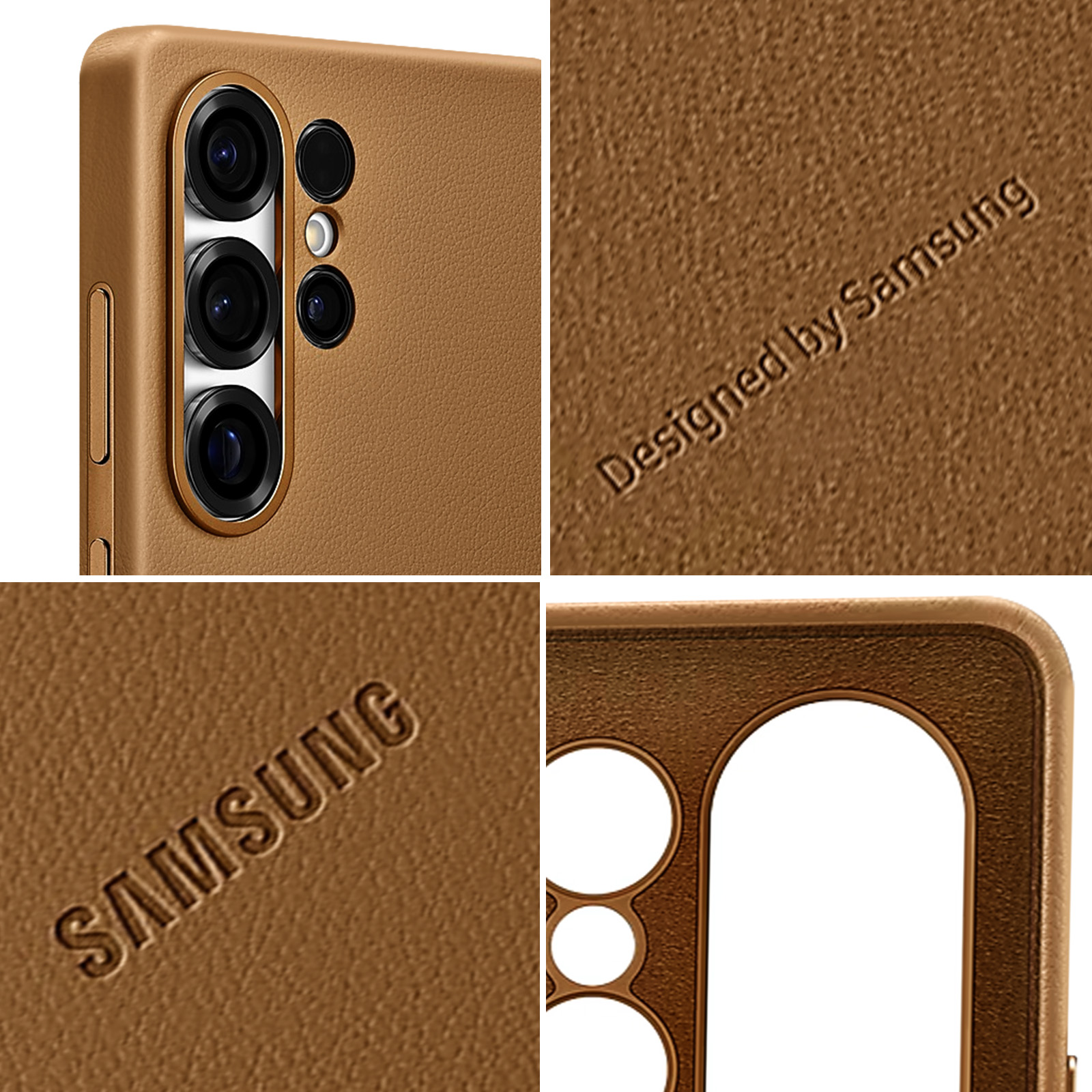 Primer plano de una funda de teléfono marrón con recortes para cámara y el logo de Samsung.
