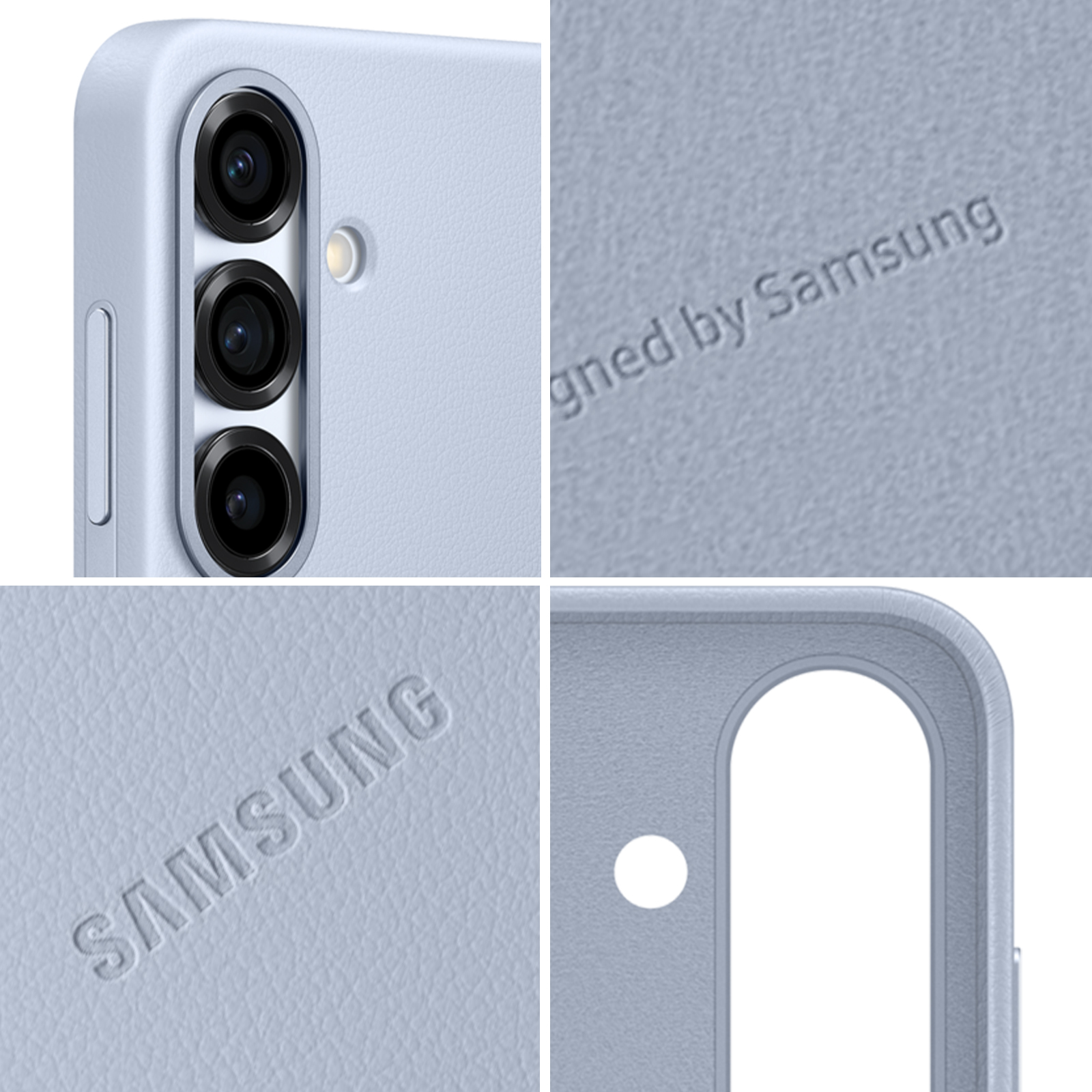 Zbliżenie jasnoniebieskiego etui na telefon. Ma wycięcie na aparat z trzema obiektywami i logo Samsung.