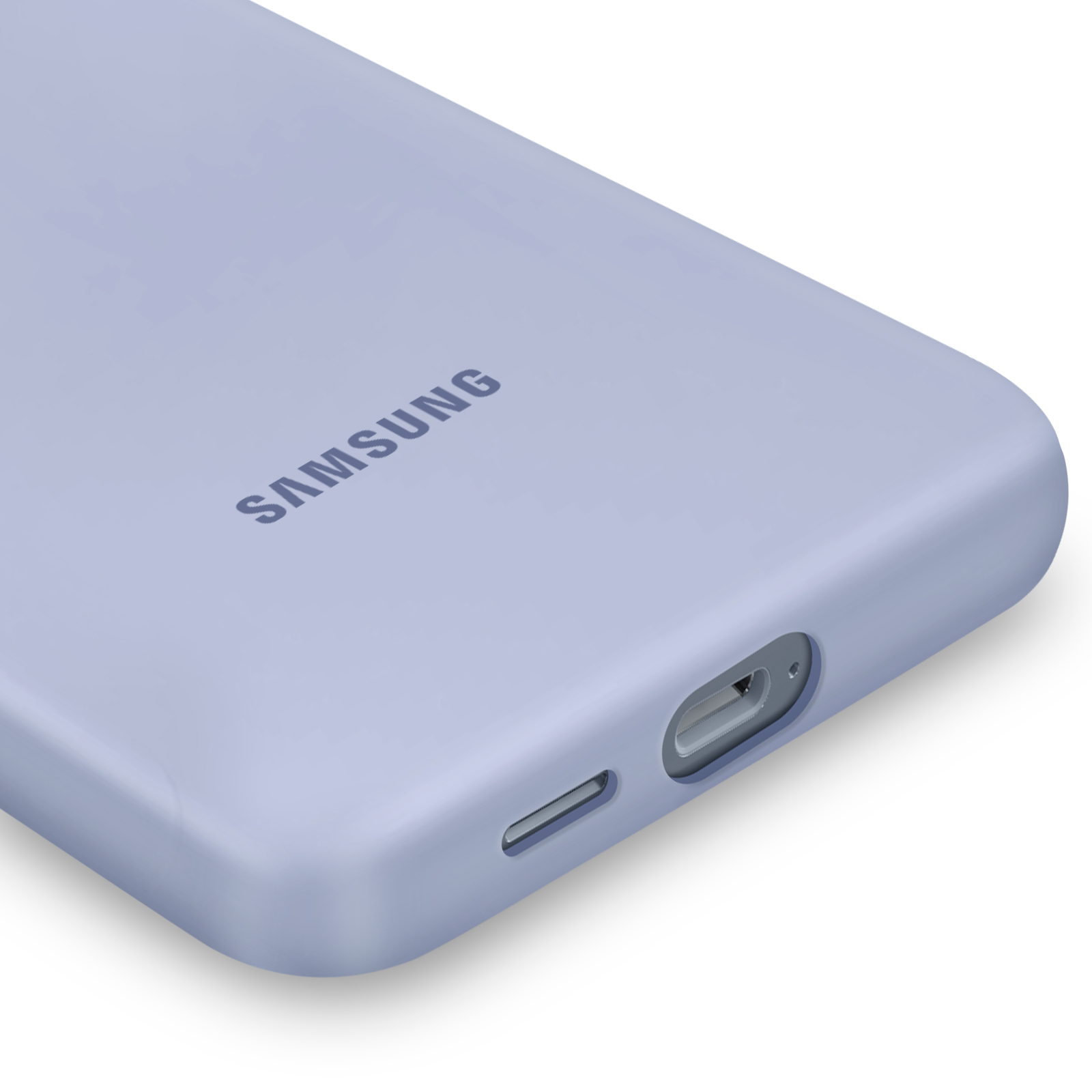 Una funda de teléfono morada clara con el logotipo de Samsung. La funda tiene recortes para puertos y botones.